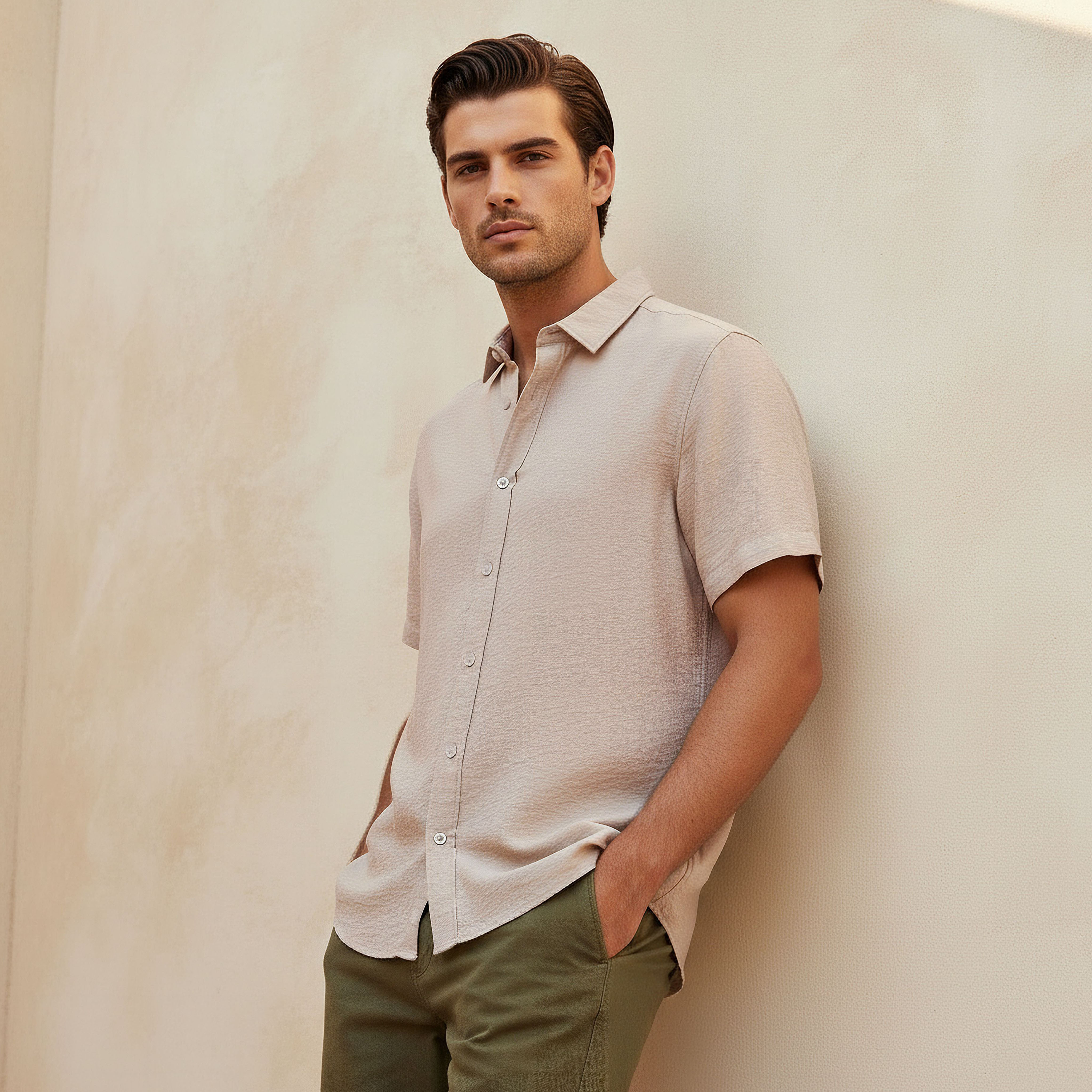 Men Regular Fit Collared Crinkle Textured Short Sleeves Shirt-men-clothing-shirts-image-1