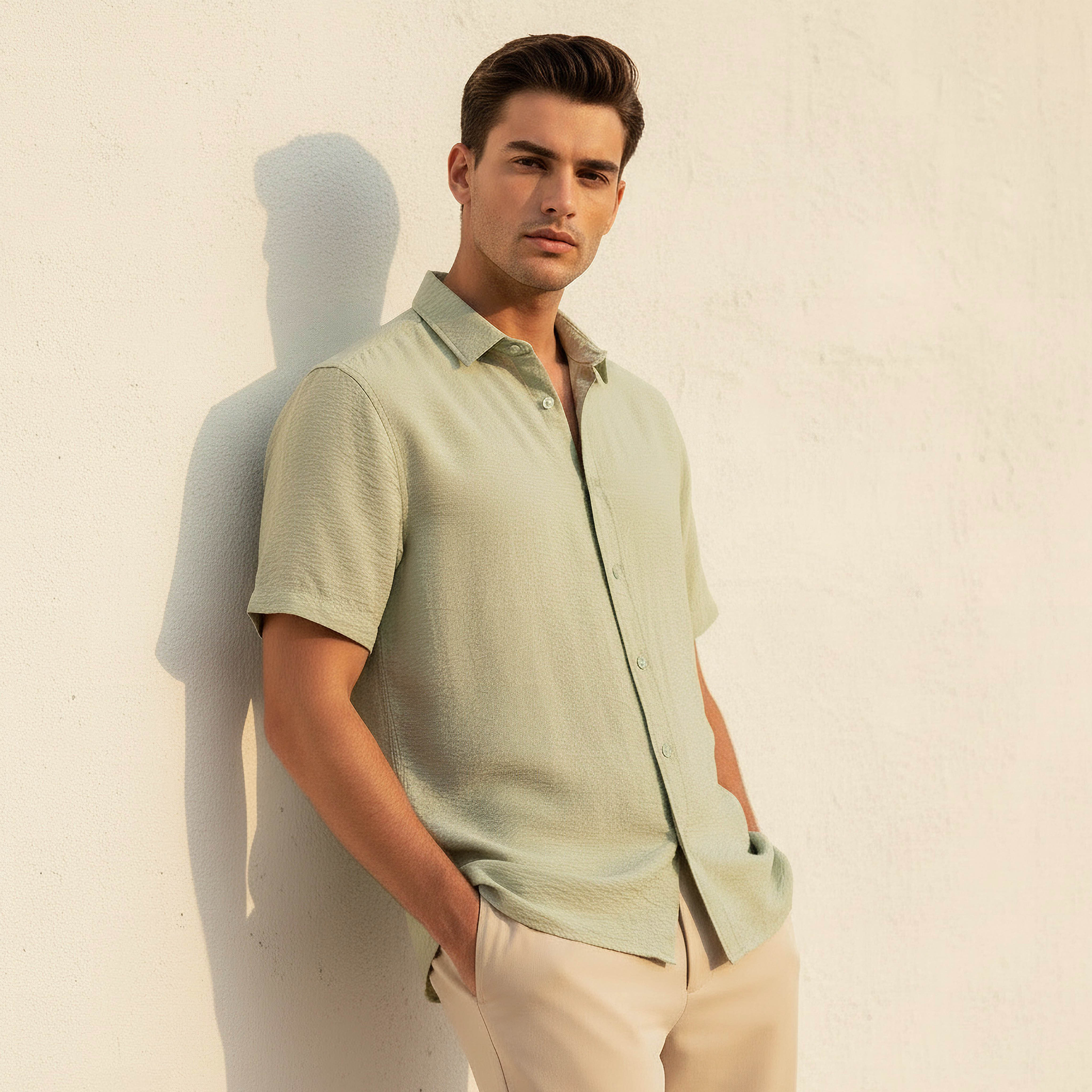 Men Regular Fit Collared Crinkle Textured Short Sleeves Shirt-men-clothing-shirts-image-1