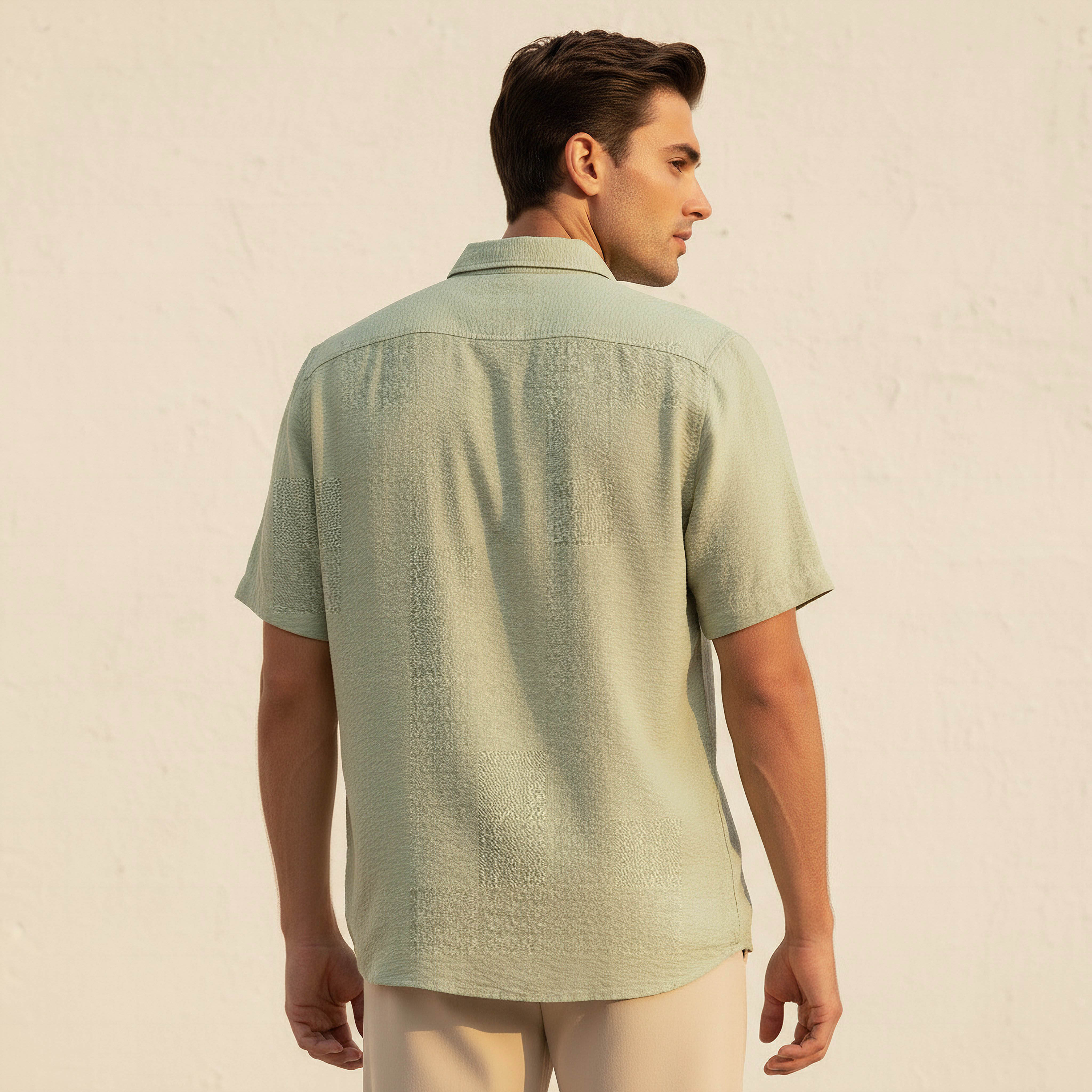 Men Regular Fit Collared Crinkle Textured Short Sleeves Shirt-men-clothing-shirts-image-4