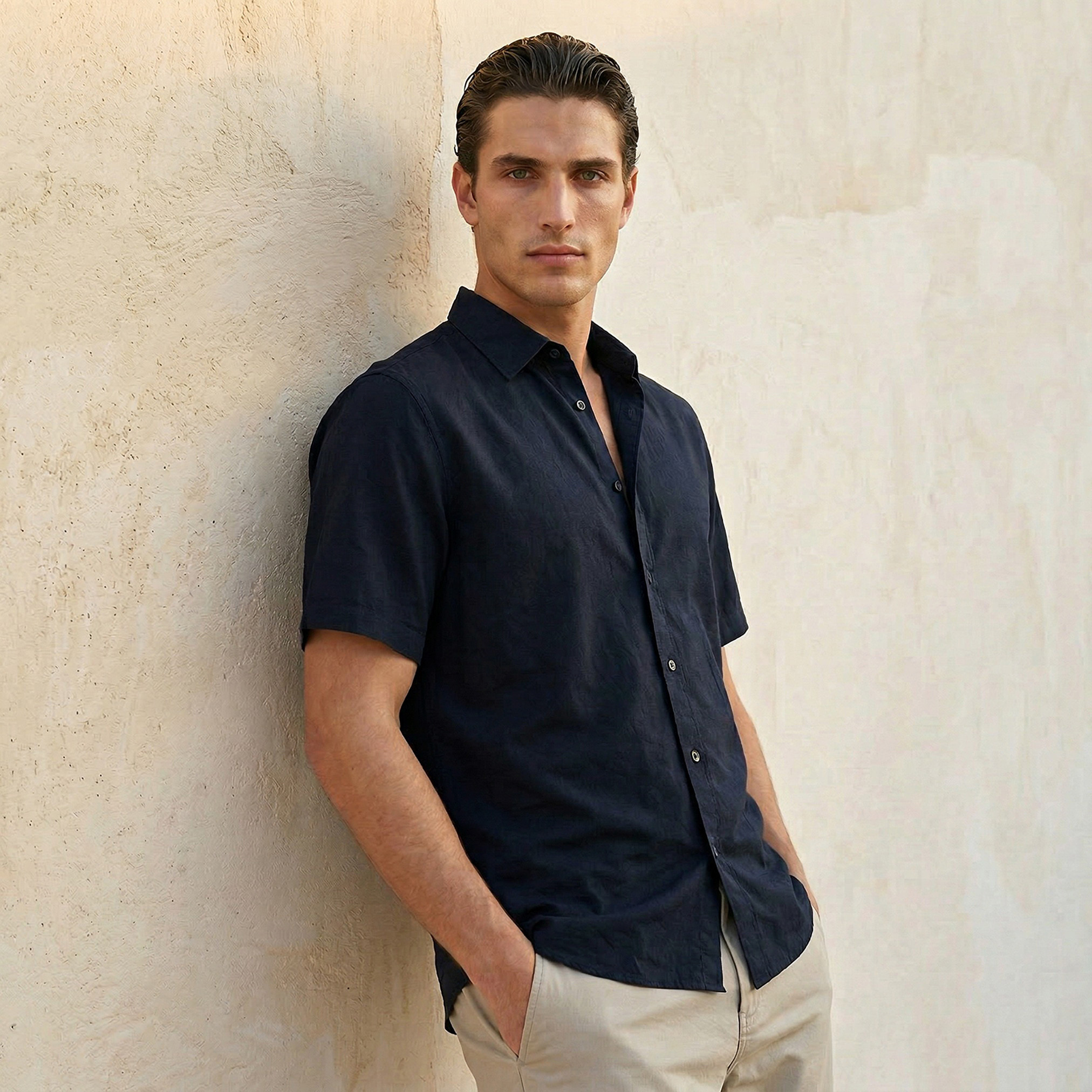 Men Regular Fit Collared Crinkle Textured Short Sleeves Shirt-men-clothing-shirts-image-1