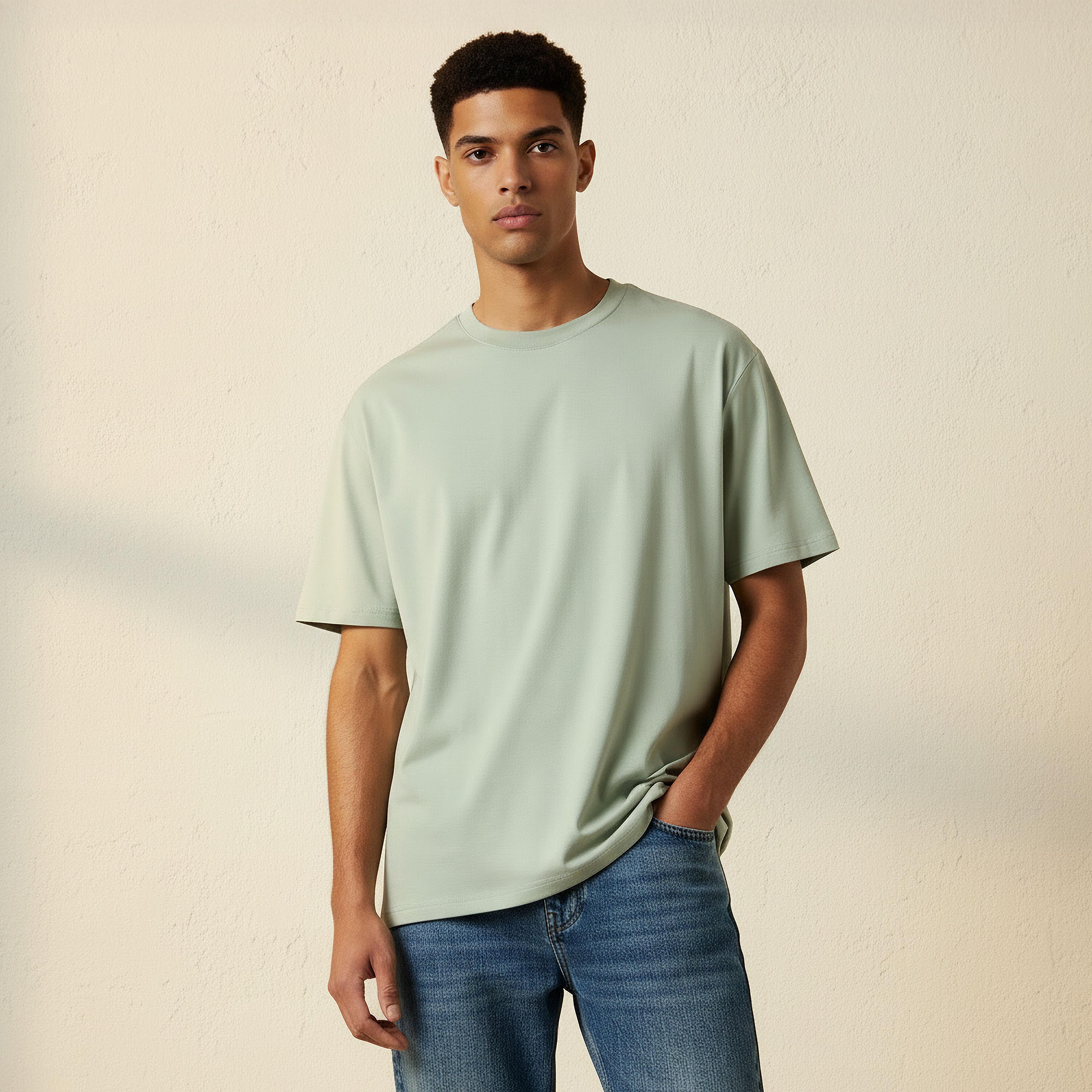 تيشيرت بقصة مريحة وياقة ضيقة وأكمام قصيرة للرجال-men-clothing-tshirtsandpolos-tshirts-image-1