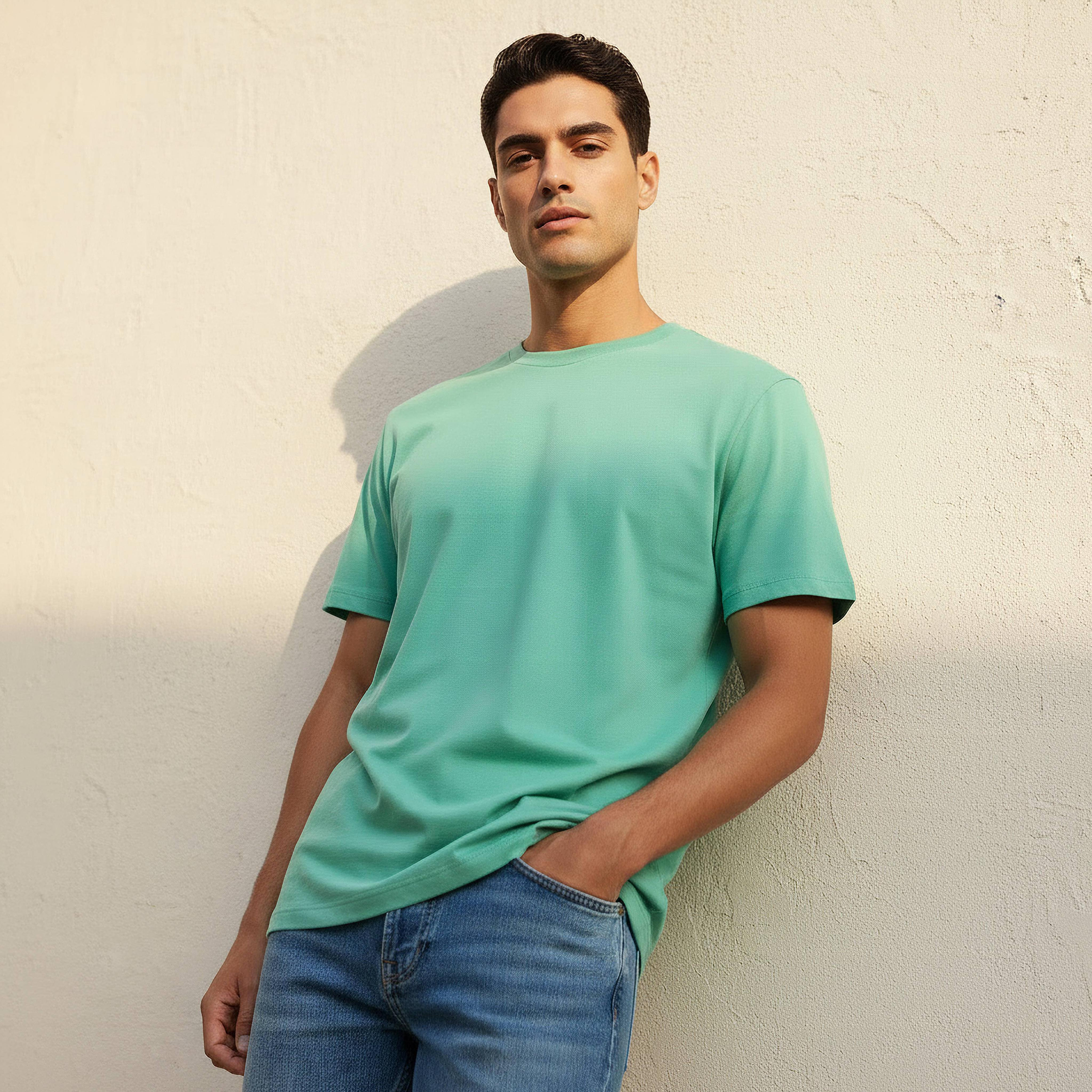 تيشيرت جيرسي بقصّة مريحة وياقة ضيقة وأكمام قصيرة للرجال-men-clothing-tshirtsandpolos-tshirts-image-1