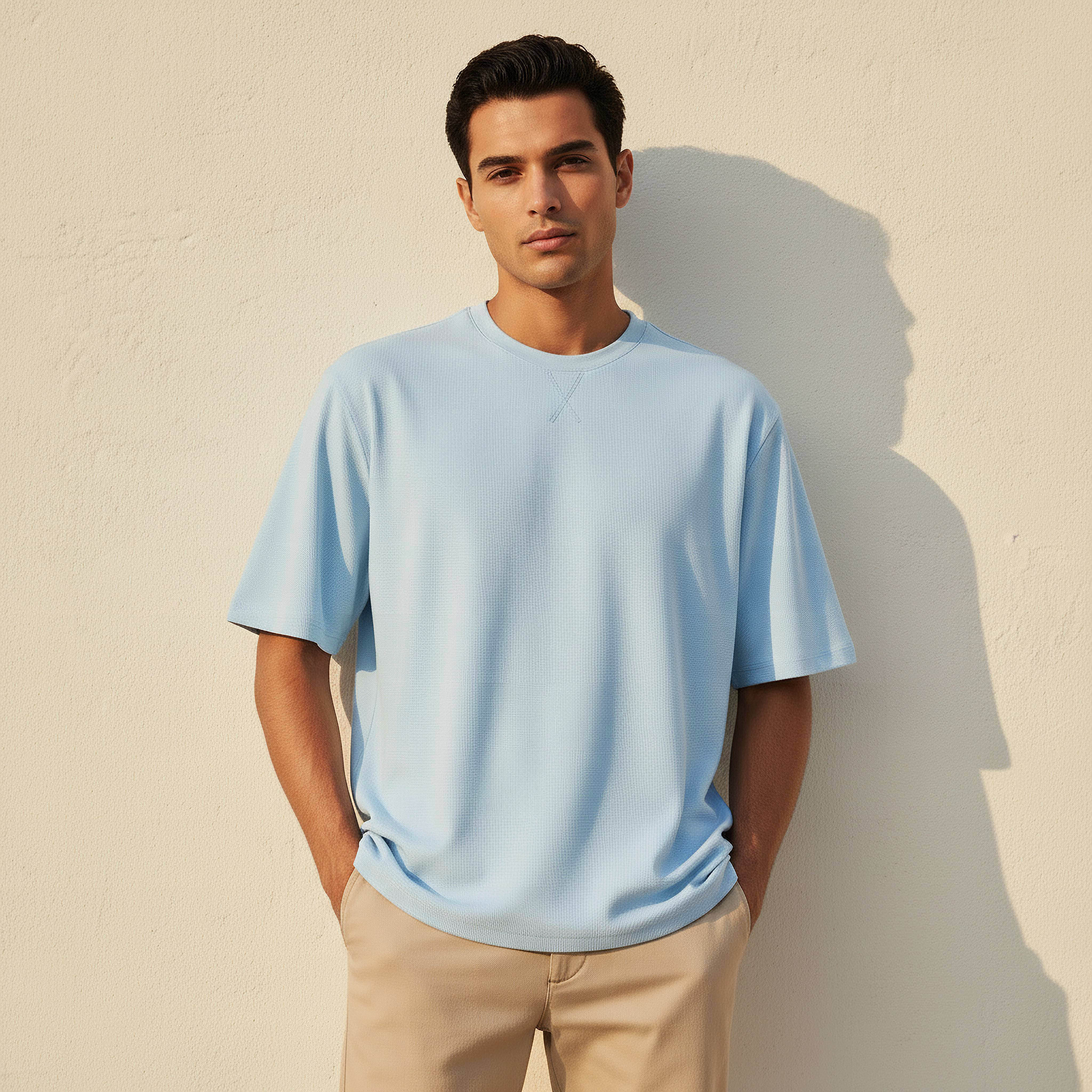 تيشيرت بقصة مريحة بياقة مستديرة وأكمام قصيرة بارز الملمس للرجال-men-clothing-tshirtsandpolos-tshirts-image-1