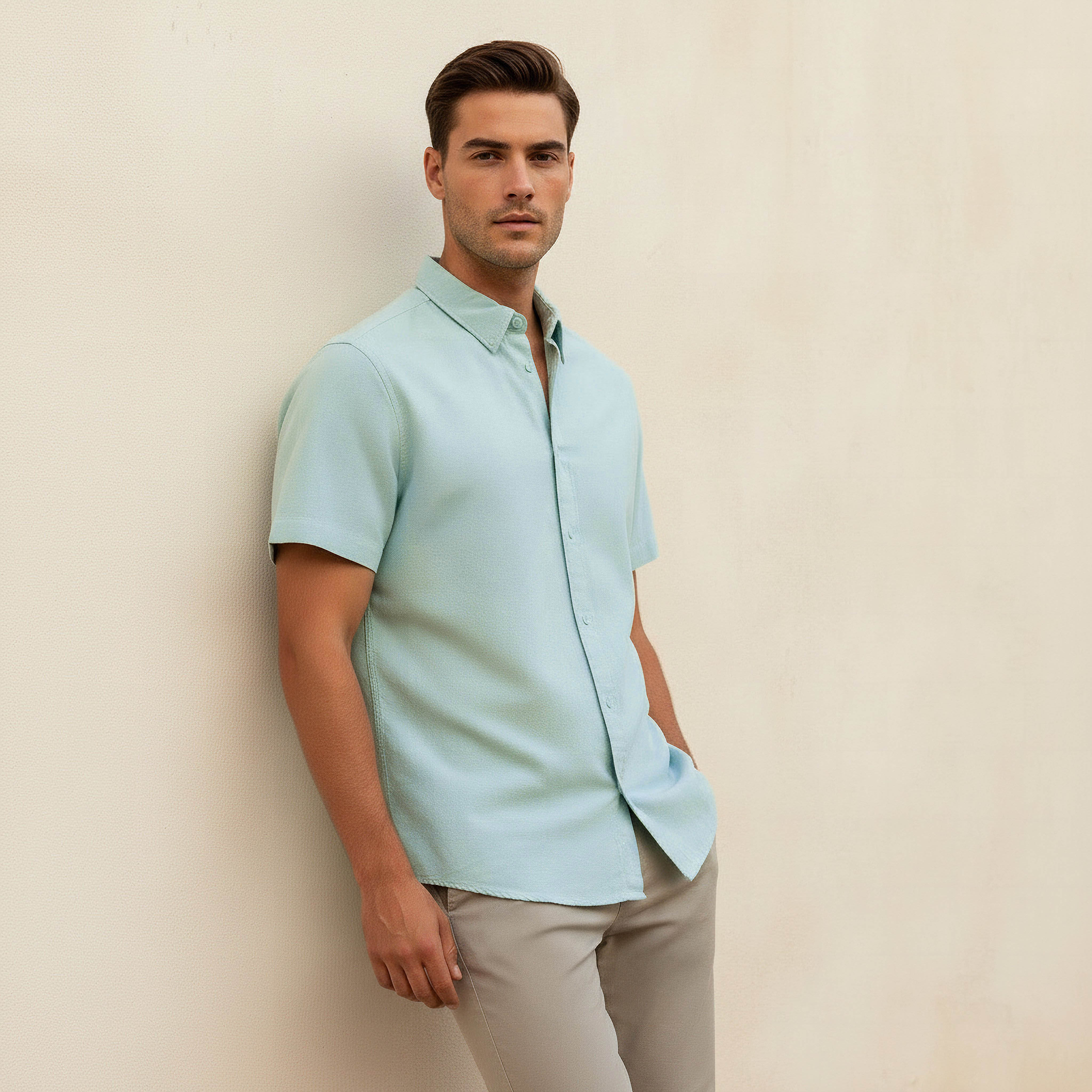 Men Regular Fit Collared Short Sleeves Oxford Shirt-men-clothing-shirts-image-1