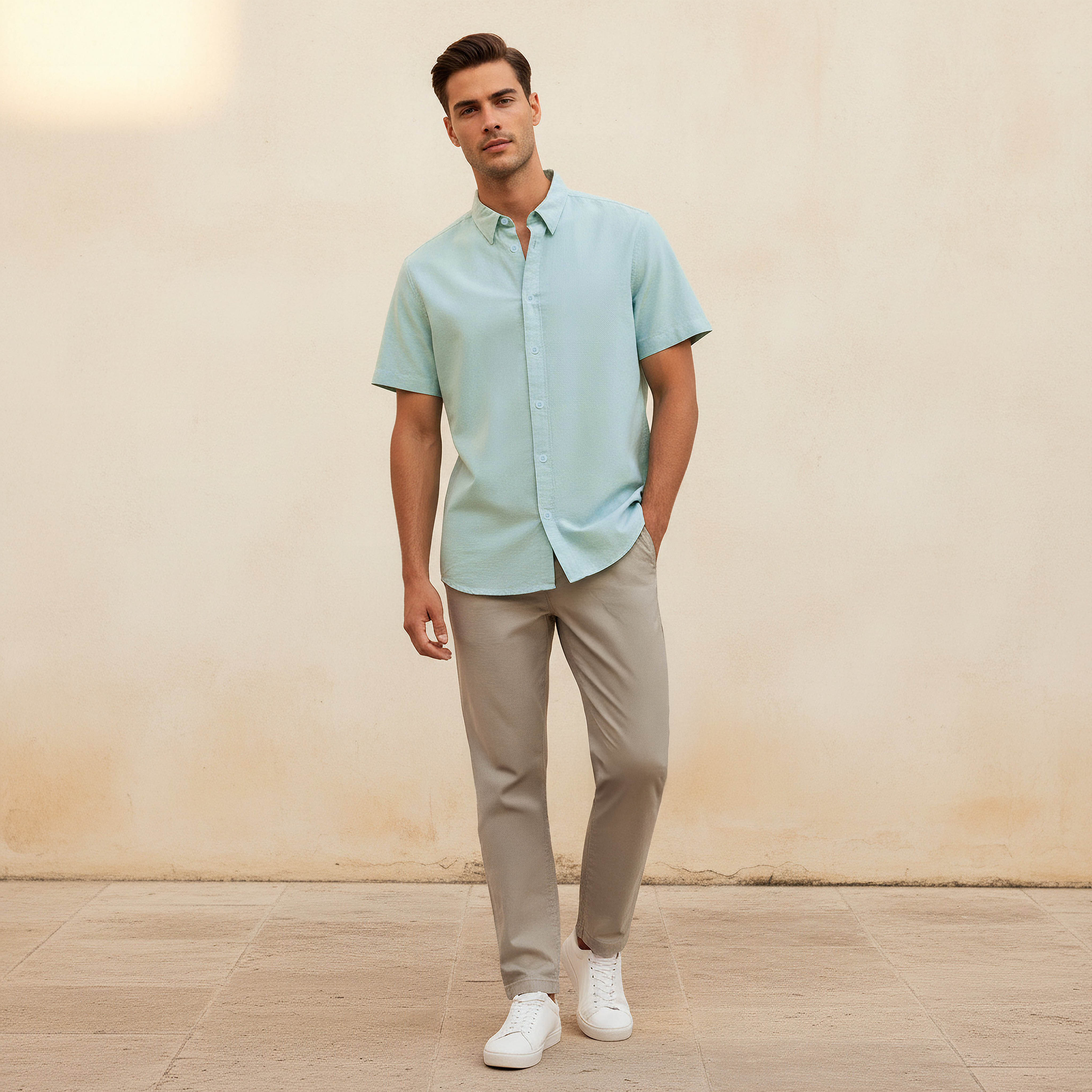 Men Regular Fit Collared Short Sleeves Oxford Shirt-men-clothing-shirts-image-3