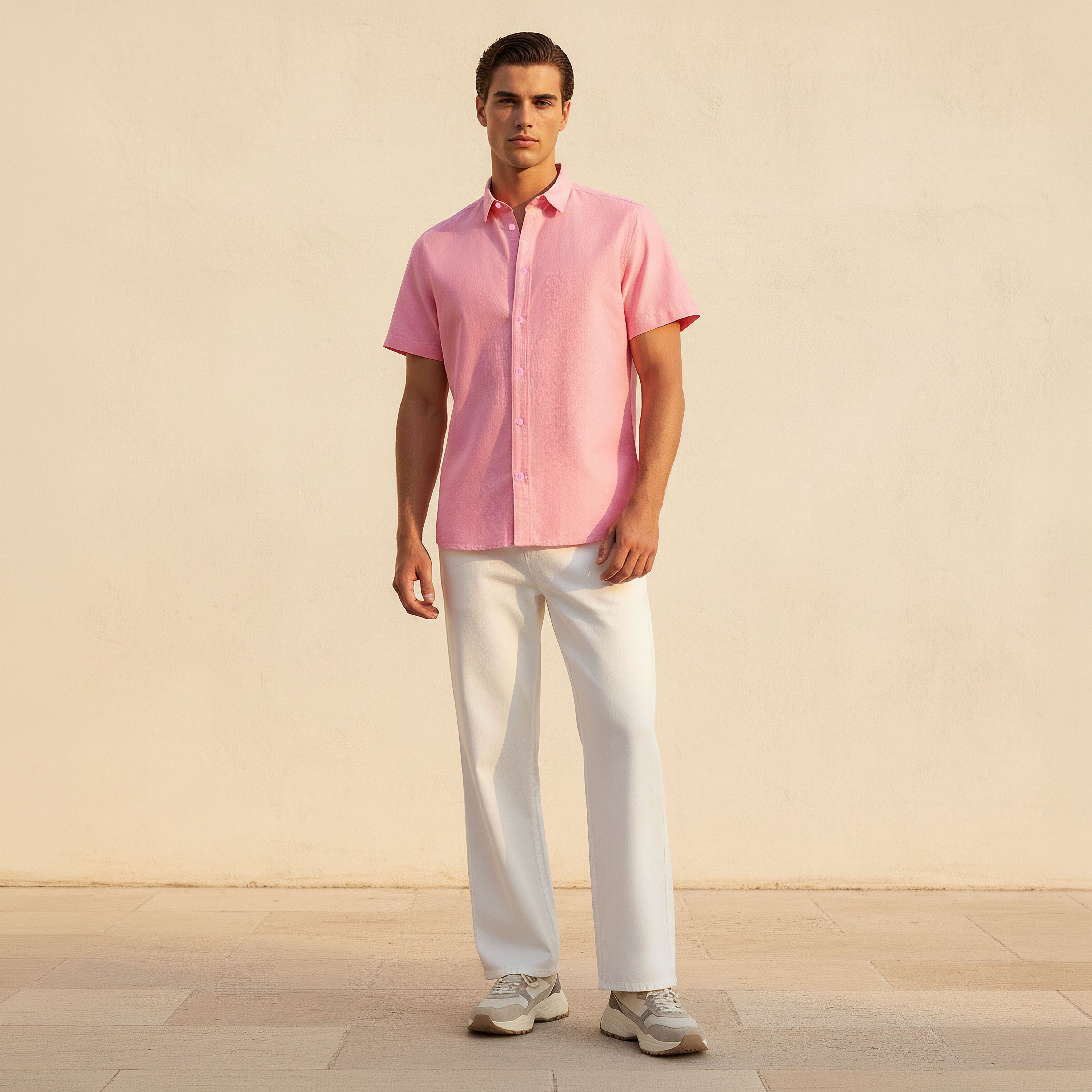 Men Regular Fit Collared Short Sleeves Oxford Shirt-men-clothing-shirts-image-3