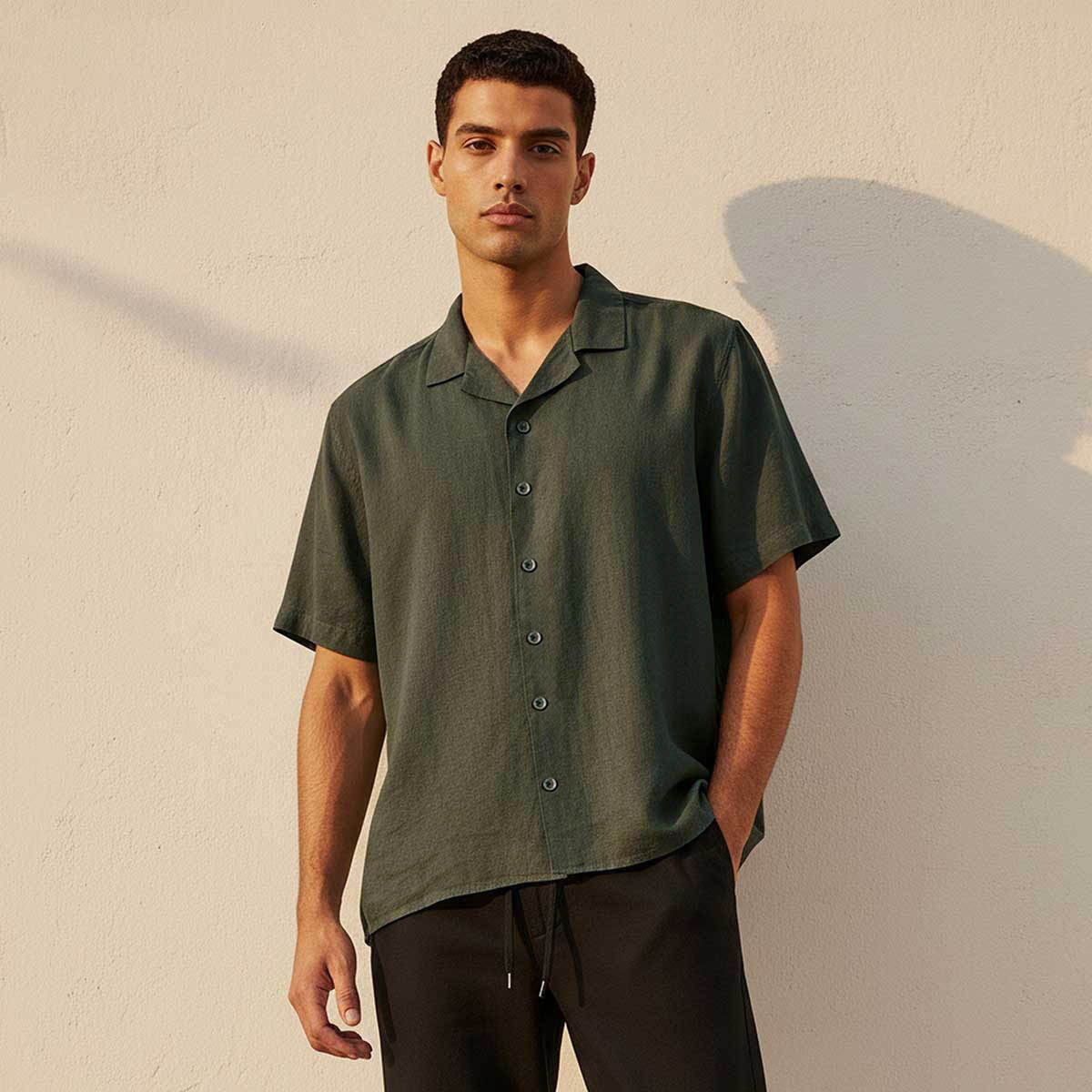 Splash Basic Regular Fit Camp Collar Linen Blend Shirt-men-clothing-shirts-image-1