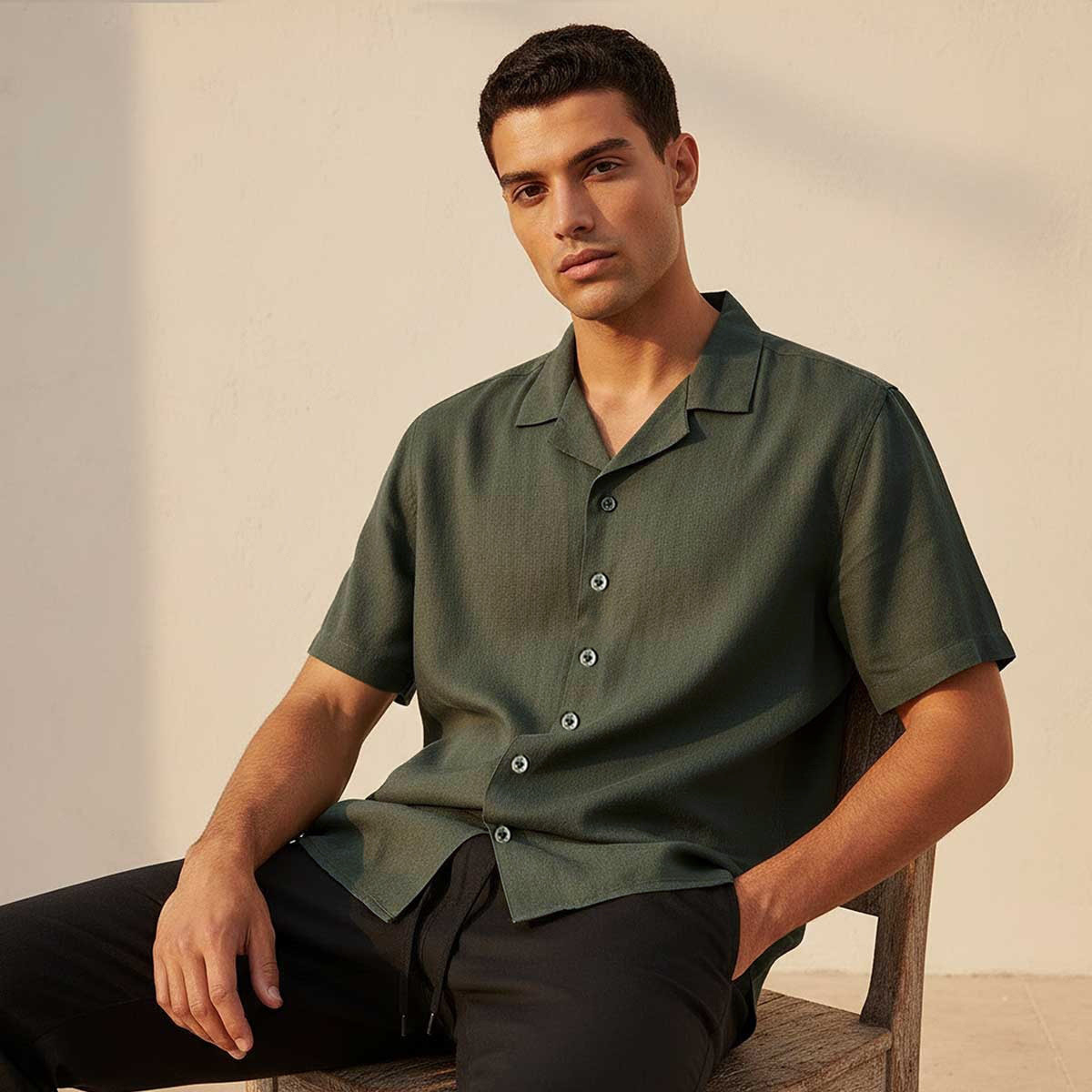 Splash Basic Regular Fit Camp Collar Linen Blend Shirt-men-clothing-shirts-image-5