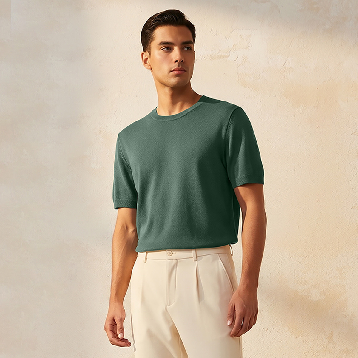 تيشيرت بقصة عادية وياقة ضيقة وأكمام قصيرة للرجال-men-clothing-tshirtsandpolos-tshirts-image-1