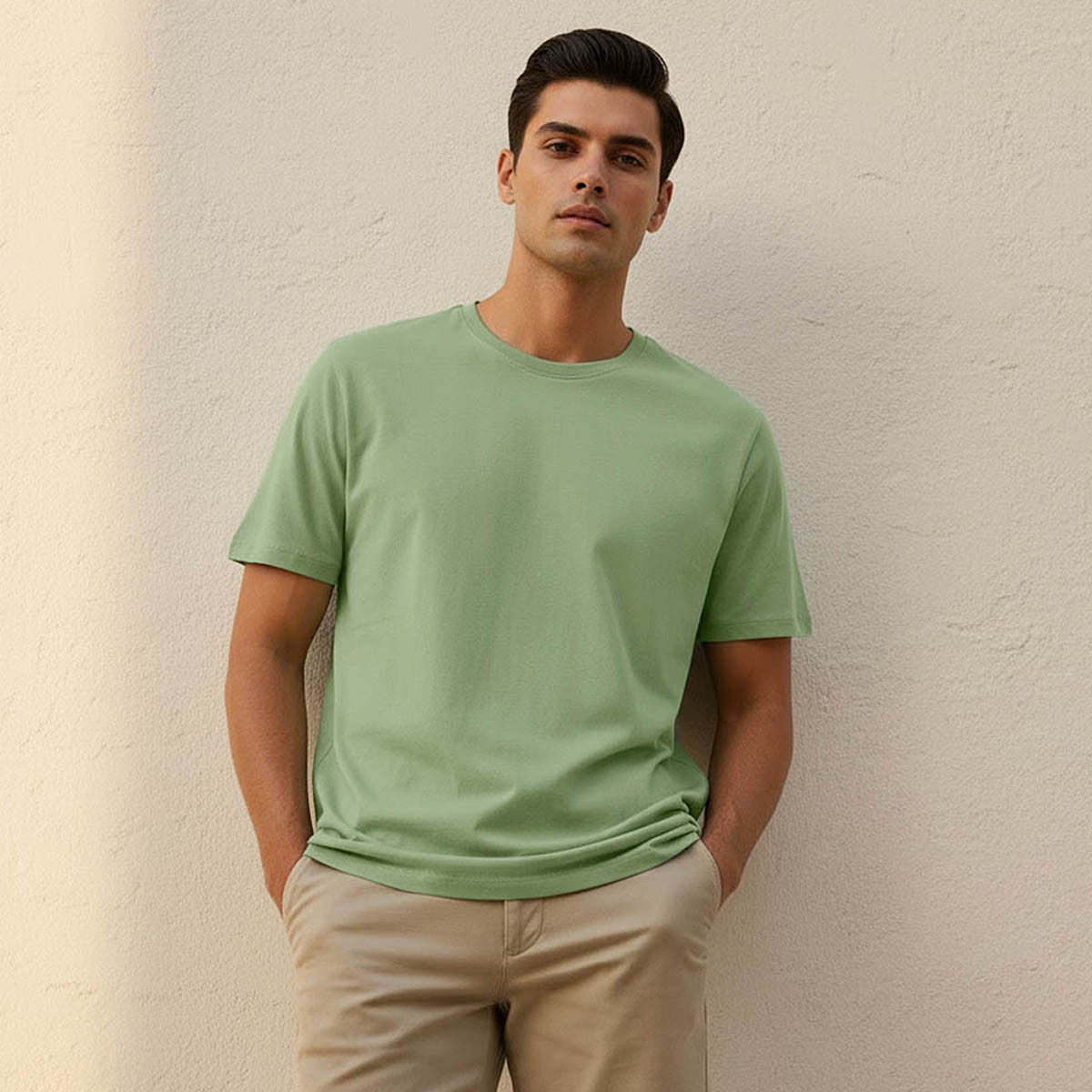 تيشيرت بقصّة عادية وياقة ضيقة وأكمام قصيرة للرجال-men-clothing-tshirtsandpolos-tshirts-image-1