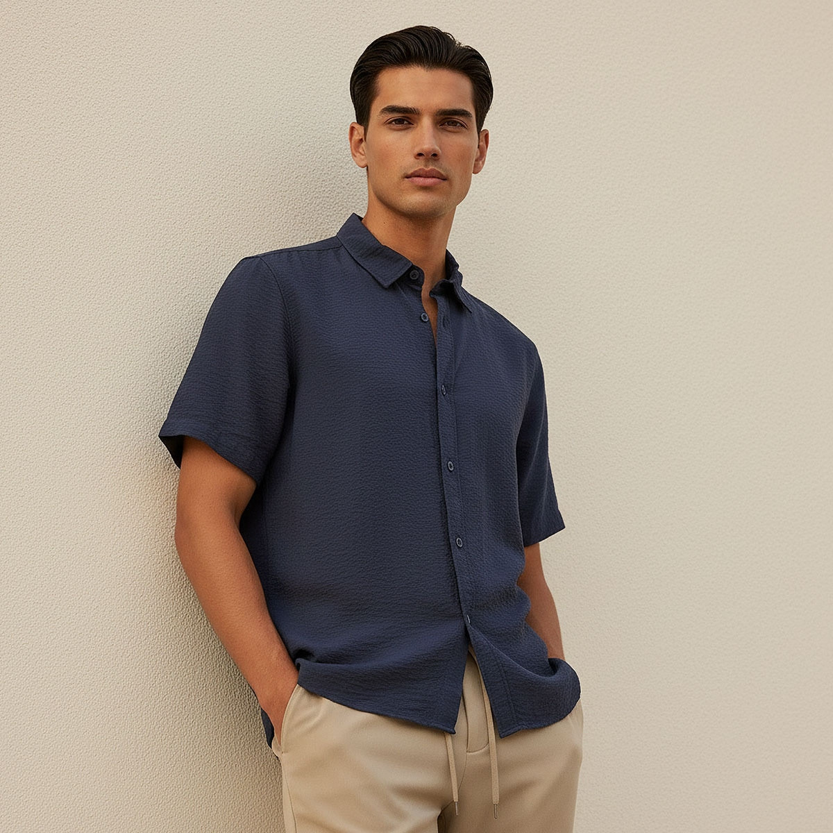 قميص بارز الملمس بقصة عادية وياقة وأكمام قصيرة من سبلاش بيسك-men-clothing-shirts-image-1