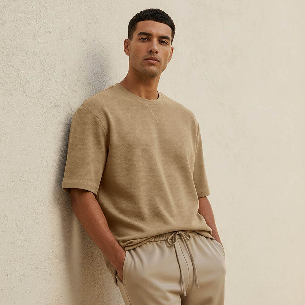 تيشيرت بارز الملمس بقصّة سليم وياقة ضيقة وأكمام قصيرة للرجال-men-clothing-tshirtsandpolos-tshirts-image-1