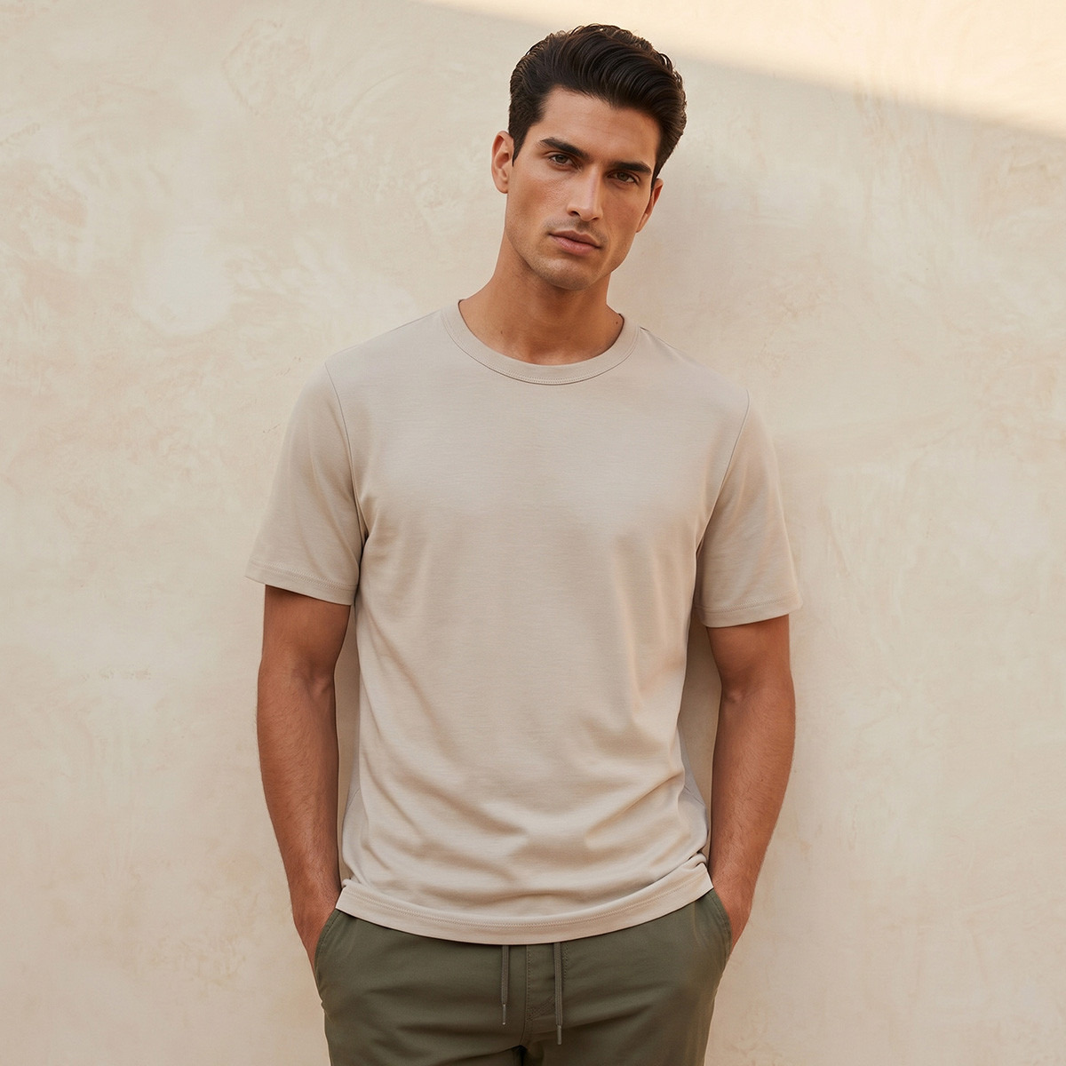 تيشيرت بقصّة مريحة وياقة ضيقة وأكمام قصيرة للرجال-men-clothing-tshirtsandpolos-tshirts-image-1