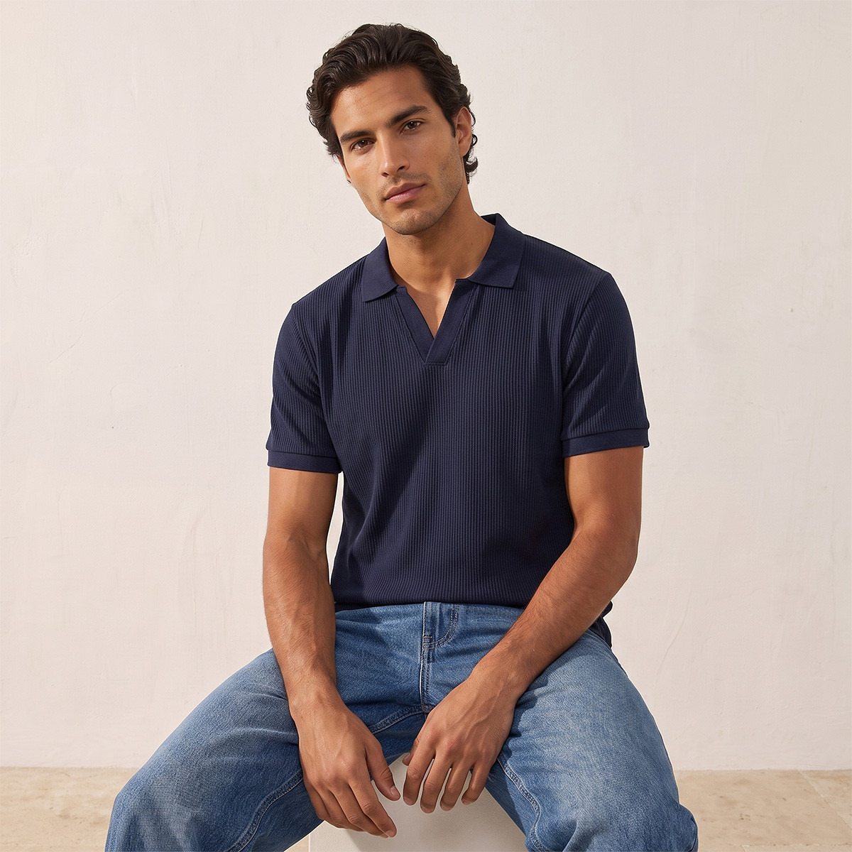 تيشيرت بولو قطن بقصة عادية وملمس بارز مضلع من سبلاش بيسك-men-clothing-tshirtsandpolos-polos-image-1
