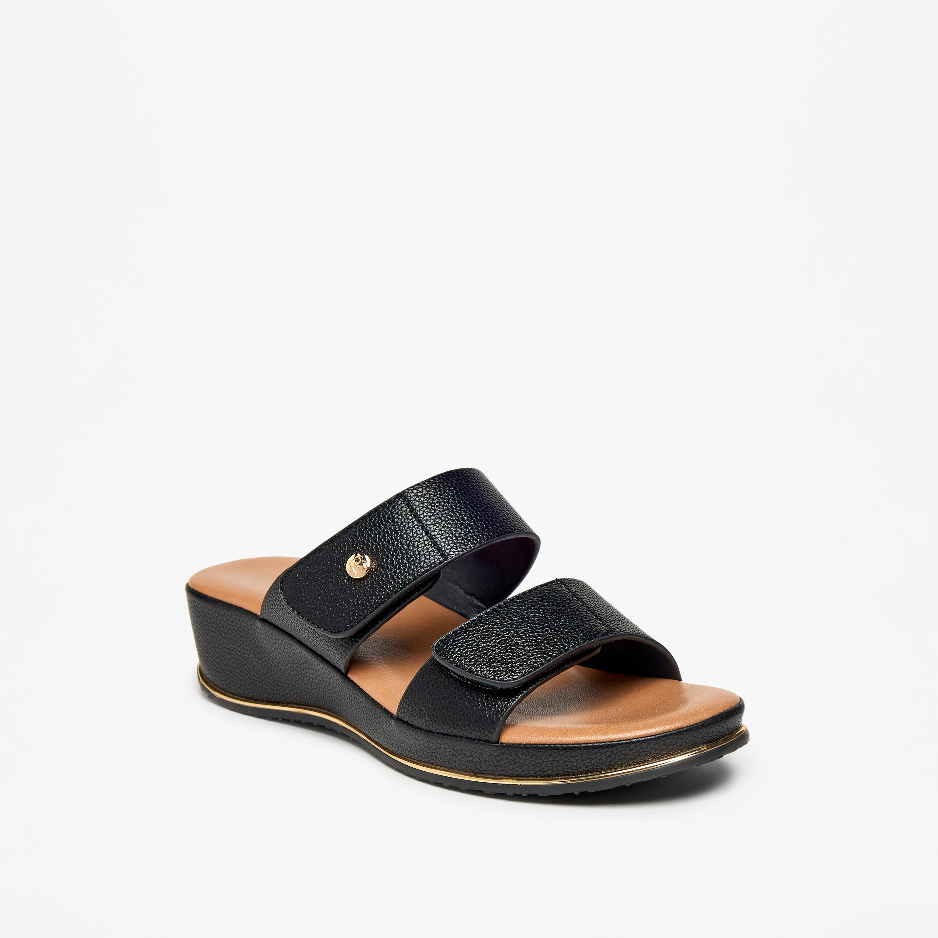 Flora Bella Textured Wedge Heel Slip-On Sandals with Hook and Loop Closure-women-shoes-sandals-heeled-image-1