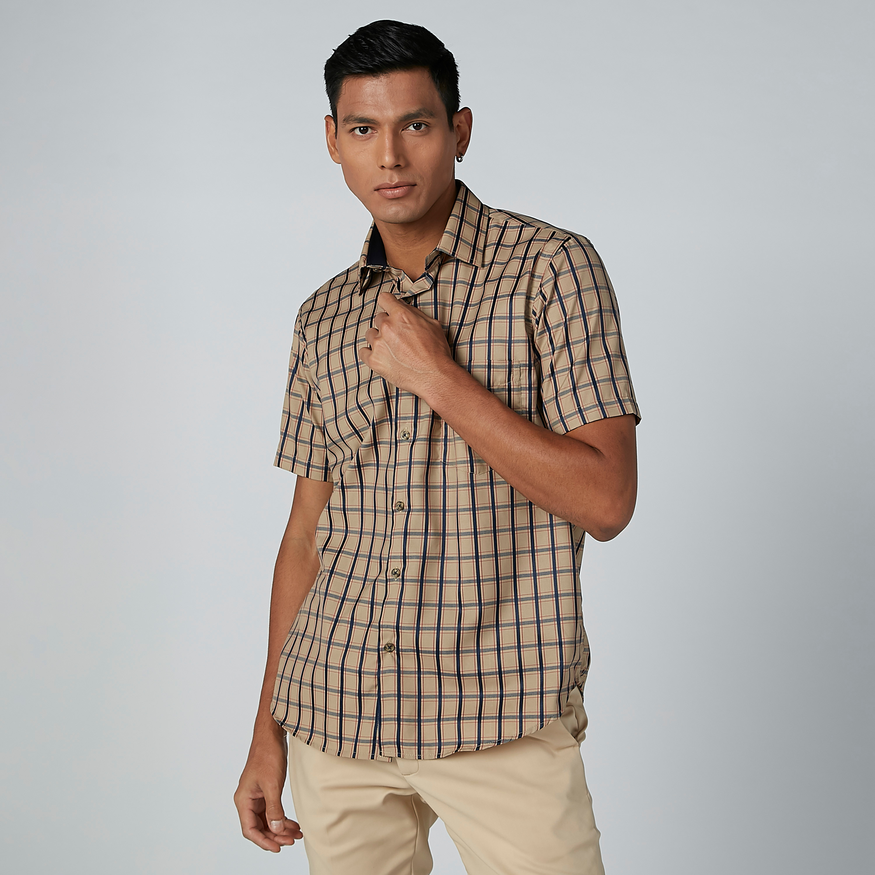 Easy Iron Checked Shirt with Chest Pocket Detail and Short Sleeves-men-clothing-shirts-image-1
