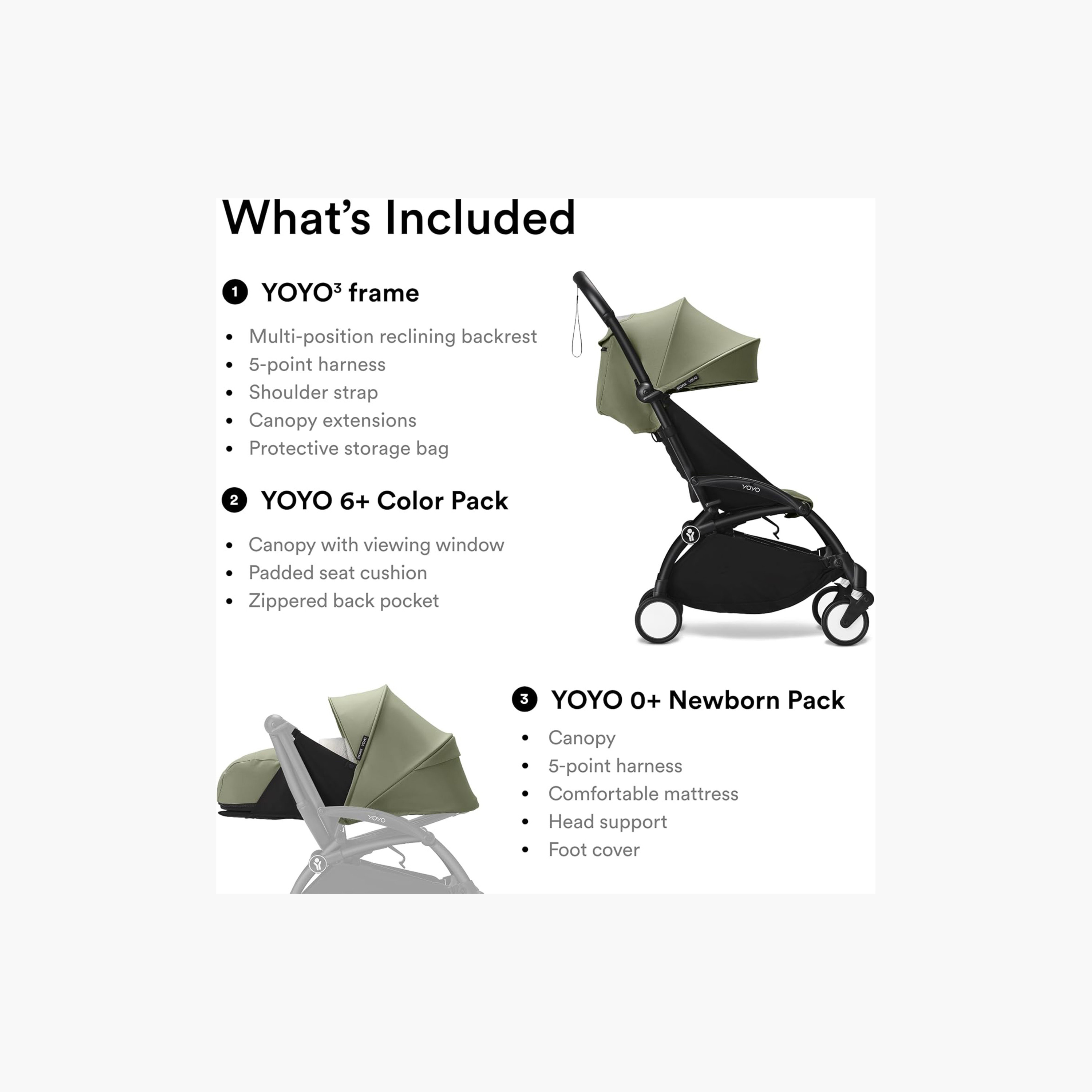 Stokke YOYO3 Stroller with Newborn Pack - Black Frame, 0+ Newborn Pack & 6+Color Pack - Olive-baby-gear-strollersandprams-strollers-image-6