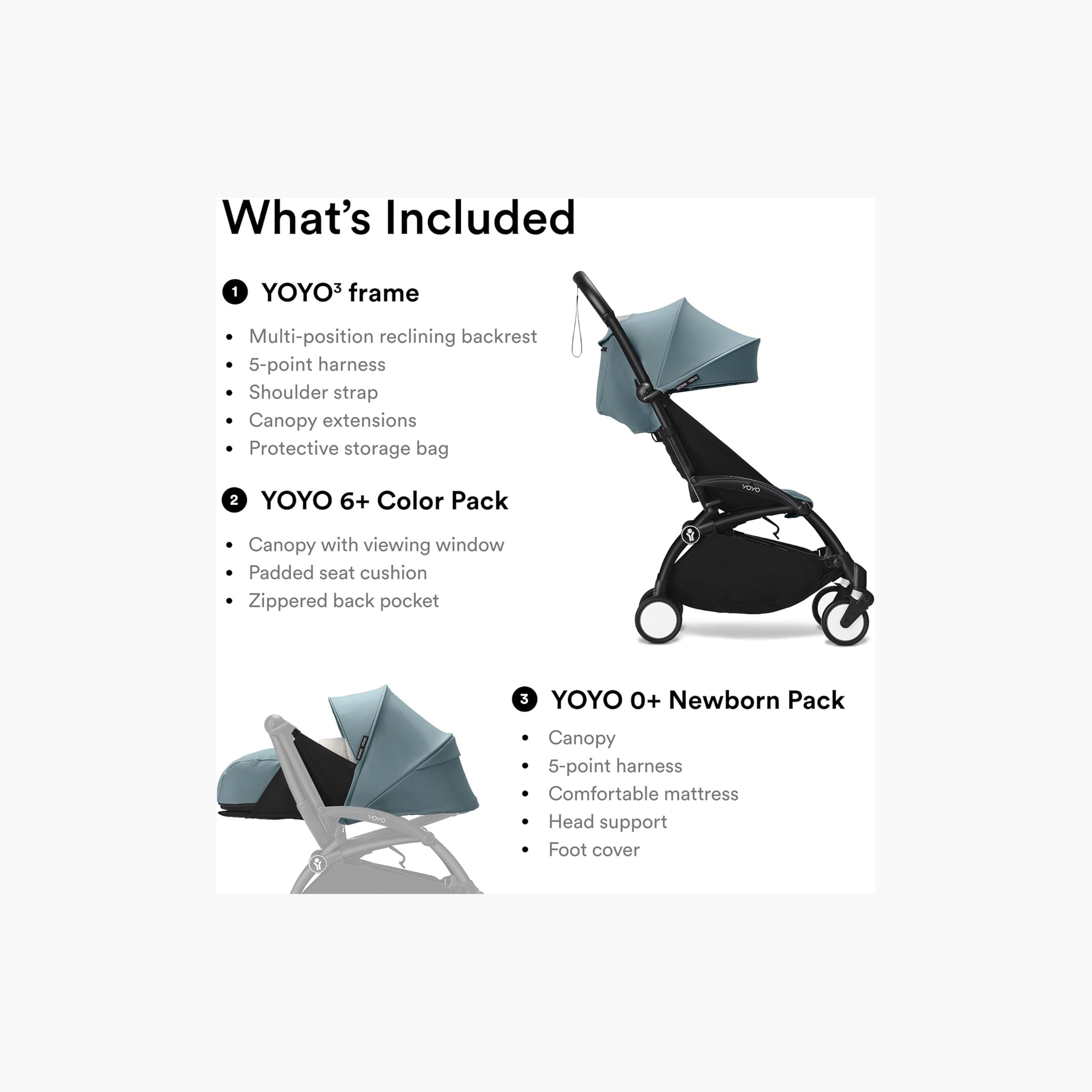 Stokke YOYO3 Stroller with Newborn Pack - Black Frame, 0+ Newborn Pack & 6+Color Pack - Aqua-baby-gear-strollersandprams-strollers-image-6