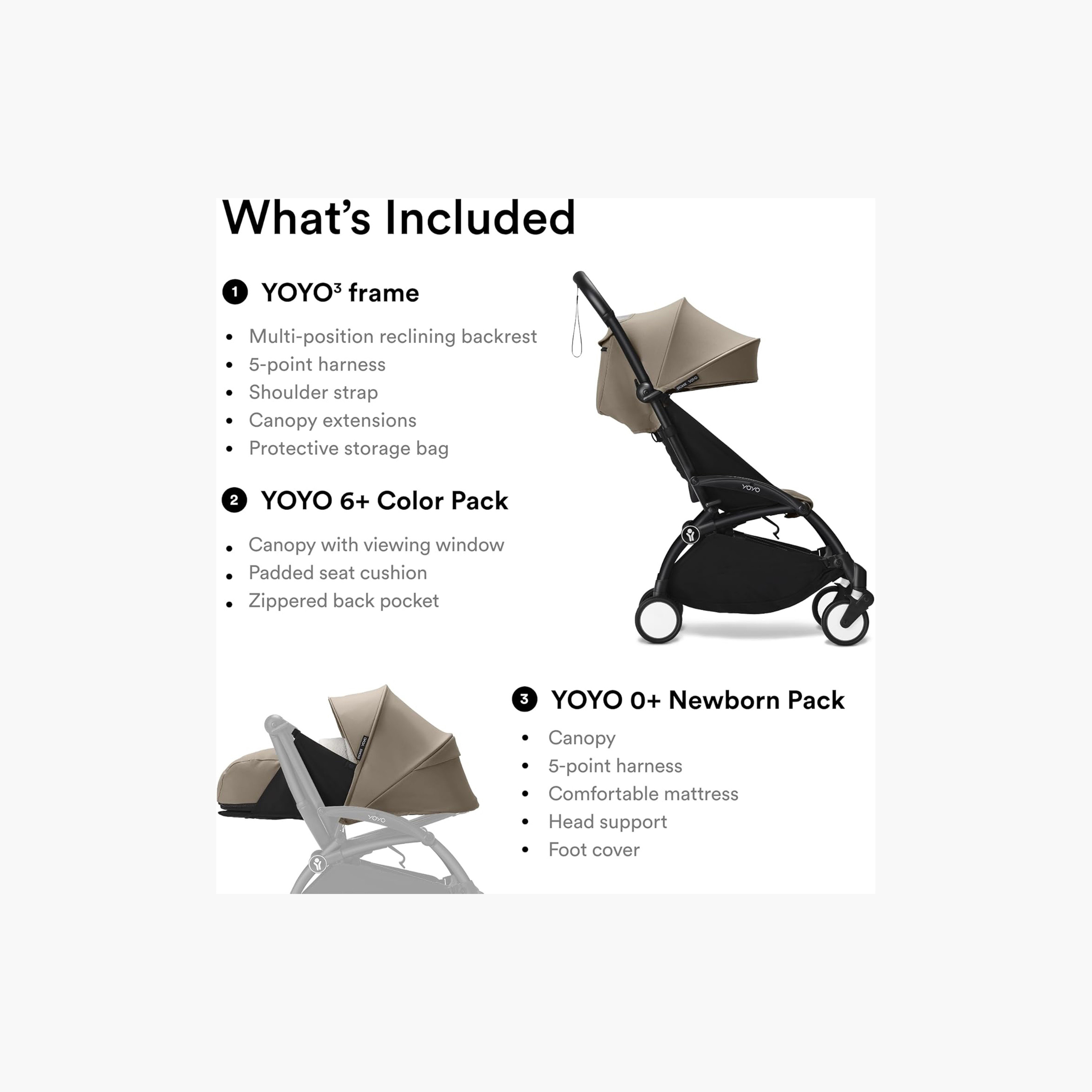 Stokke YOYO3 Stroller with Newborn Pack - Black Frame, 0+ Newborn Pack & 6+Color Pack - Taupe-baby-gear-strollersandprams-strollers-image-6