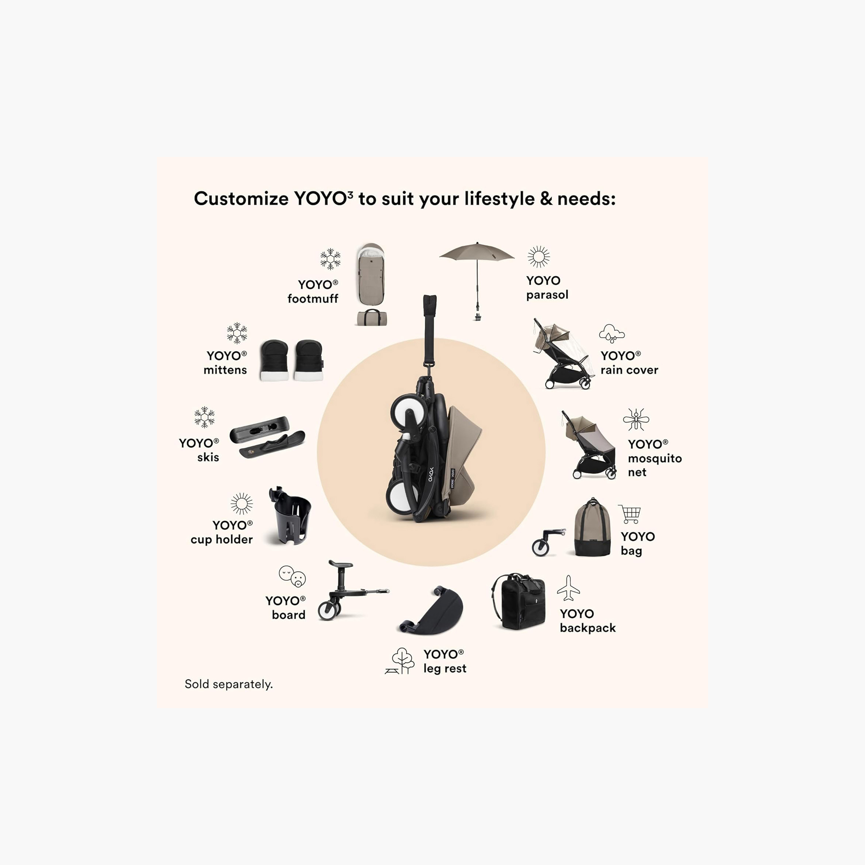 Stokke YOYO3 Stroller with Newborn Pack - Black Frame, 0+ Newborn Pack & 6+Color Pack - Taupe-baby-gear-strollersandprams-strollers-image-7