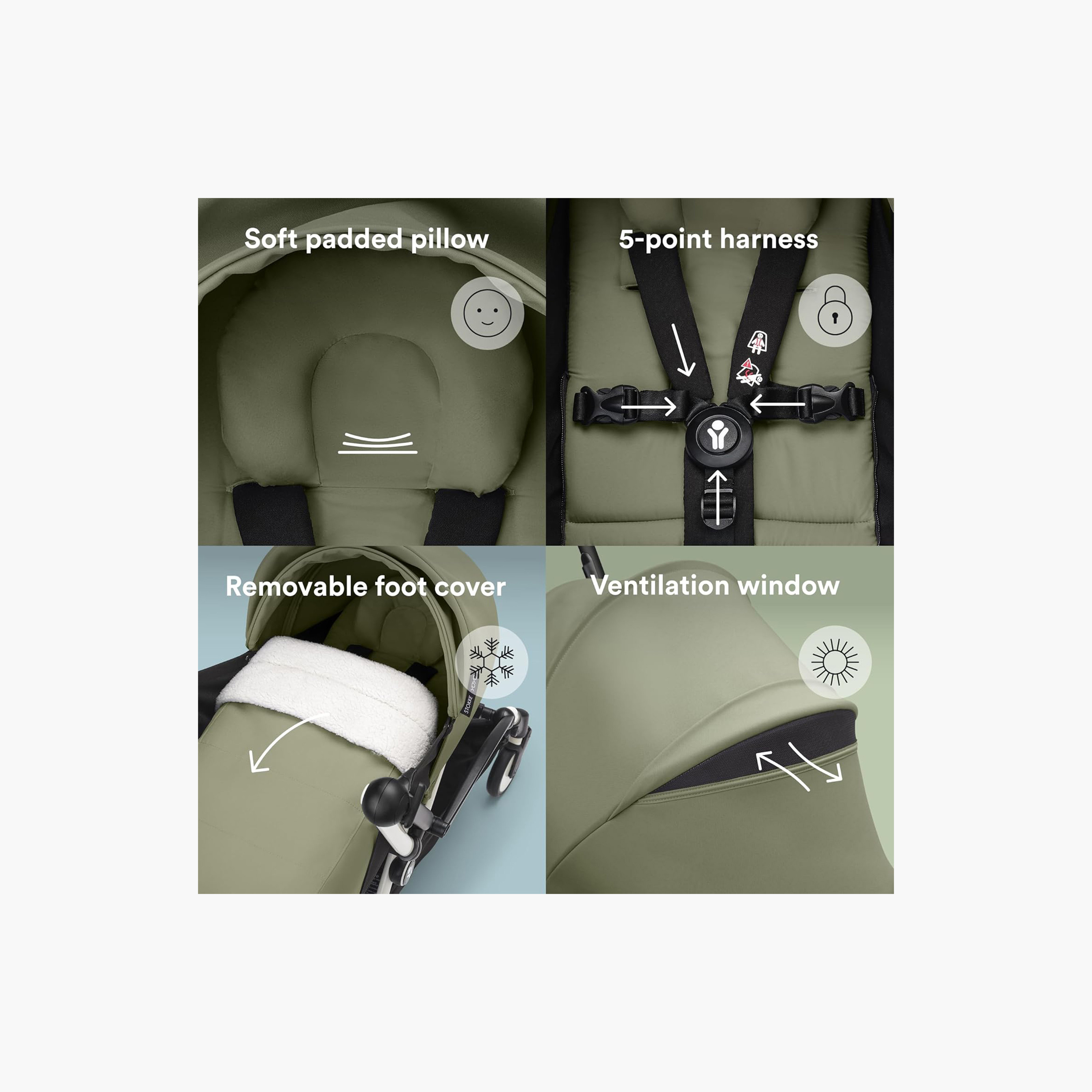 Stokke YOYO3 Stroller with Newborn Pack - White Frame, 0+ Newborn Pack & 6+Color Pack - Olive-baby-gear-strollersandprams-strollers-image-3
