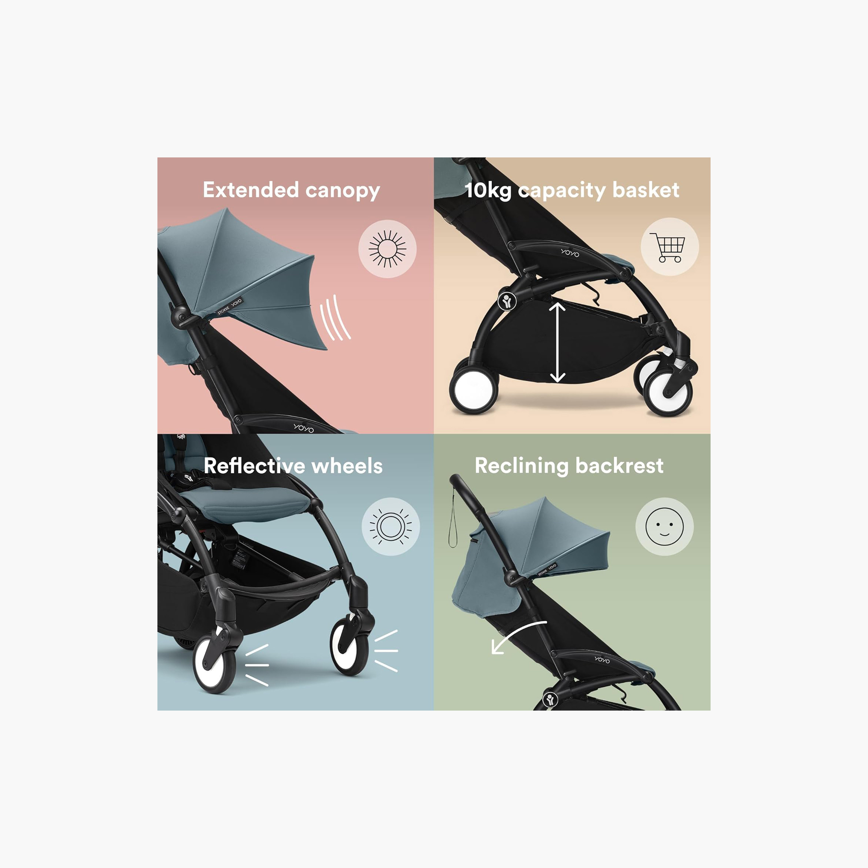 Stokke YOYO3 Stroller with Newborn Pack - White Frame, 0+ Newborn Pack & 6+Color Pack - Aqua-baby-gear-strollersandprams-strollers-image-5