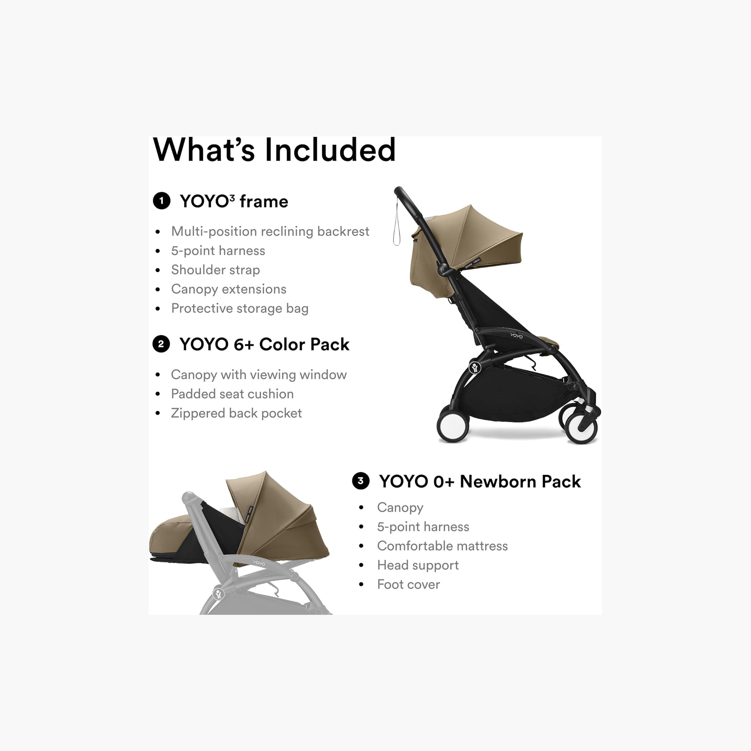 Stokke YOYO3 Stroller with Newborn Pack - White Frame, 0+ Newborn Pack & 6+Color Pack - Toffee-baby-gear-strollersandprams-strollers-image-6