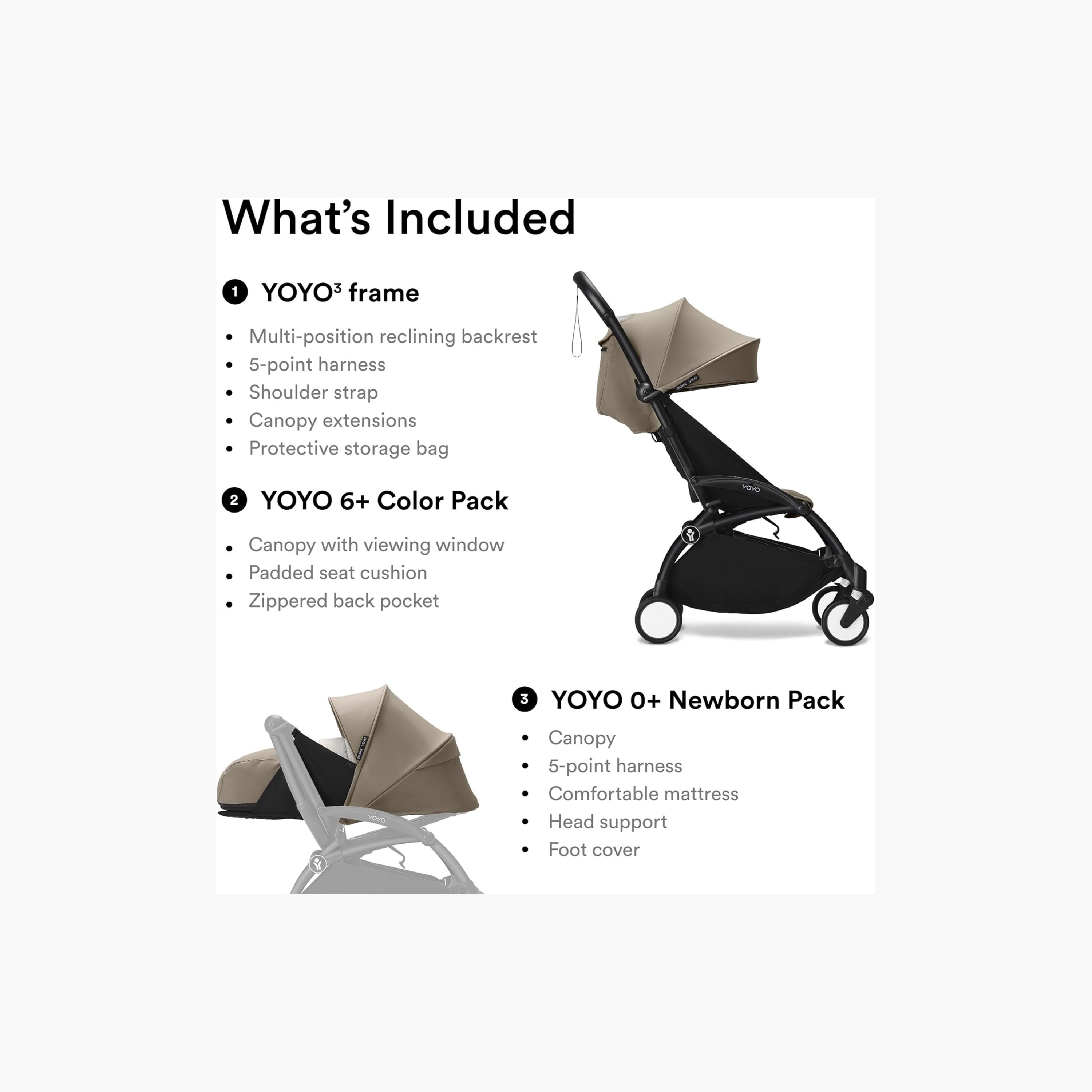 Stokke YOYO3 Stroller with Newborn Pack - White Frame, 0+ Newborn Pack & 6+Color Pack - Taupe-baby-gear-strollersandprams-strollers-image-6