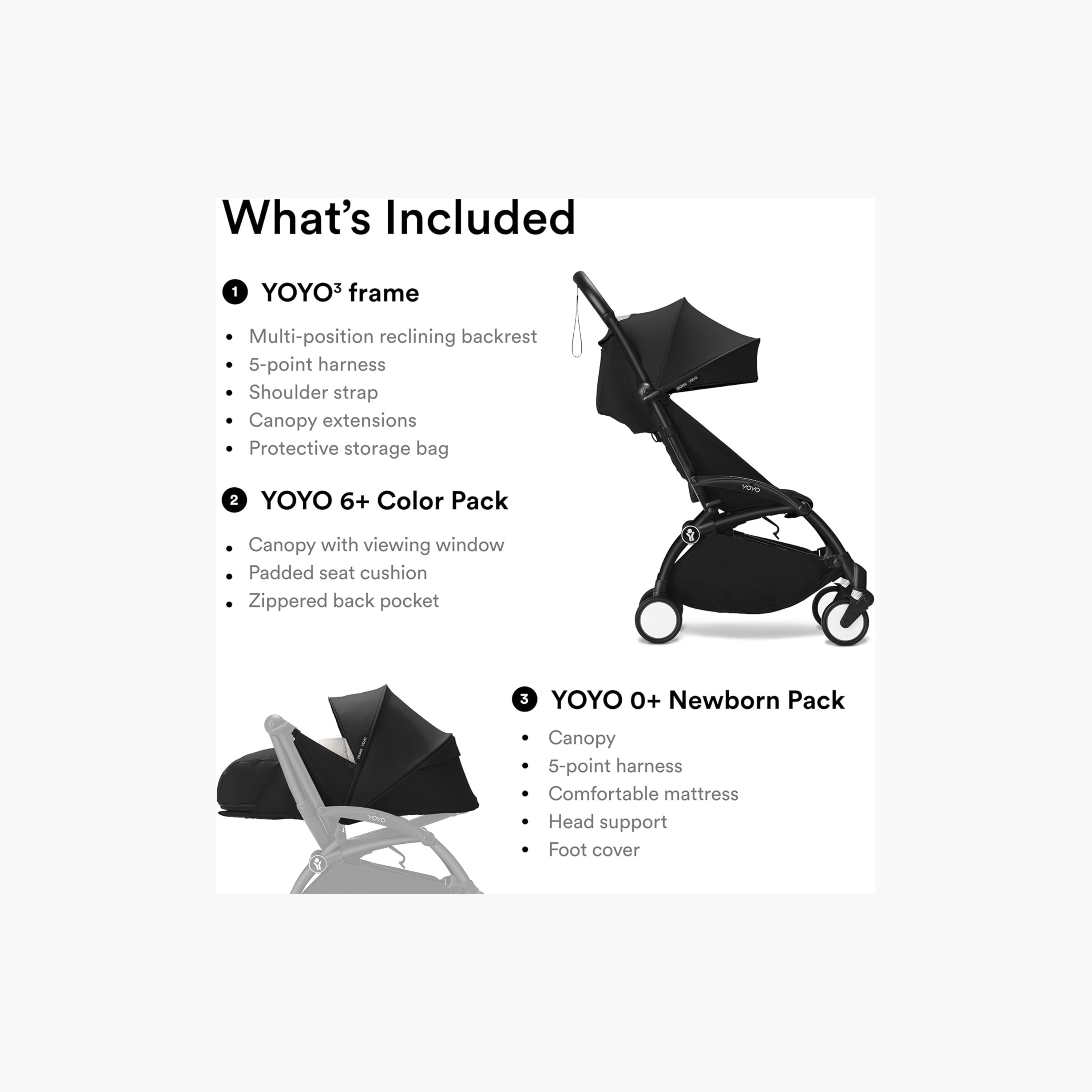 Stokke YOYO3 Stroller with Newborn Pack - White Frame, 0+ Newborn Pack & 6+Color Pack - Black-baby-gear-strollersandprams-strollers-image-6