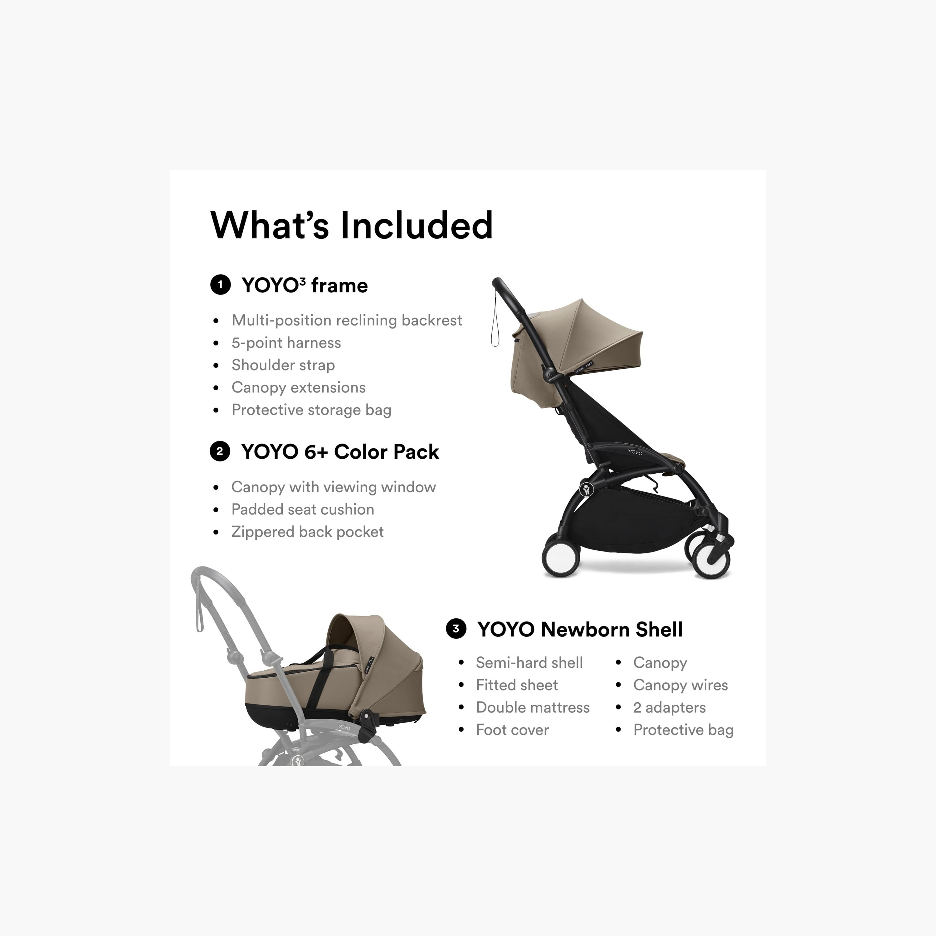Stokke YOYO3 Stroller with Newborn Pack - Black Frame, Newborn Shell & 6+ Color Pack - Taupe-baby-gear-strollersandprams-strollers-image-6