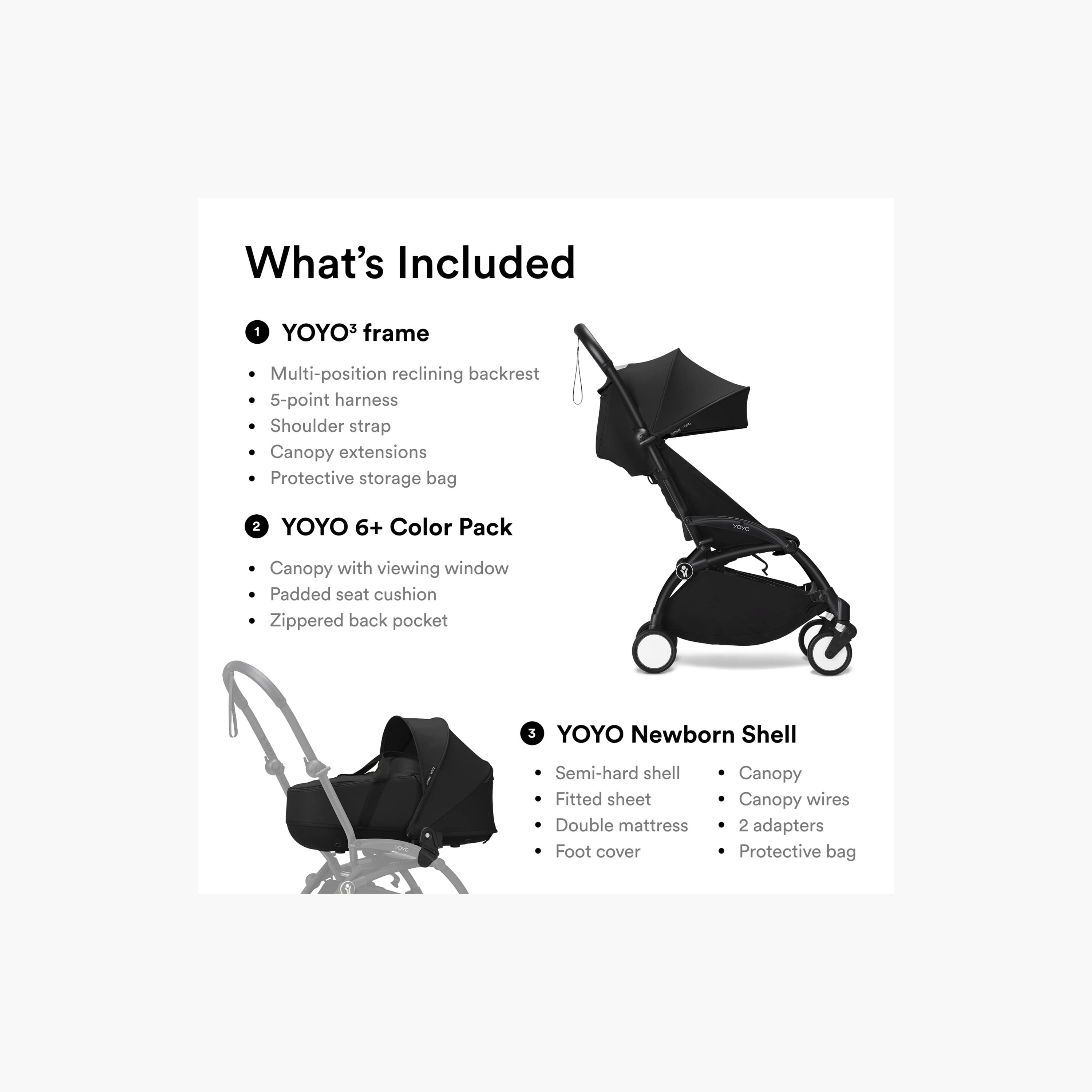 Stokke YOYO3 Stroller with Newborn Pack - Black Frame, Newborn Shell & 6+ Color Pack - Black-baby-gear-strollersandprams-strollers-image-6