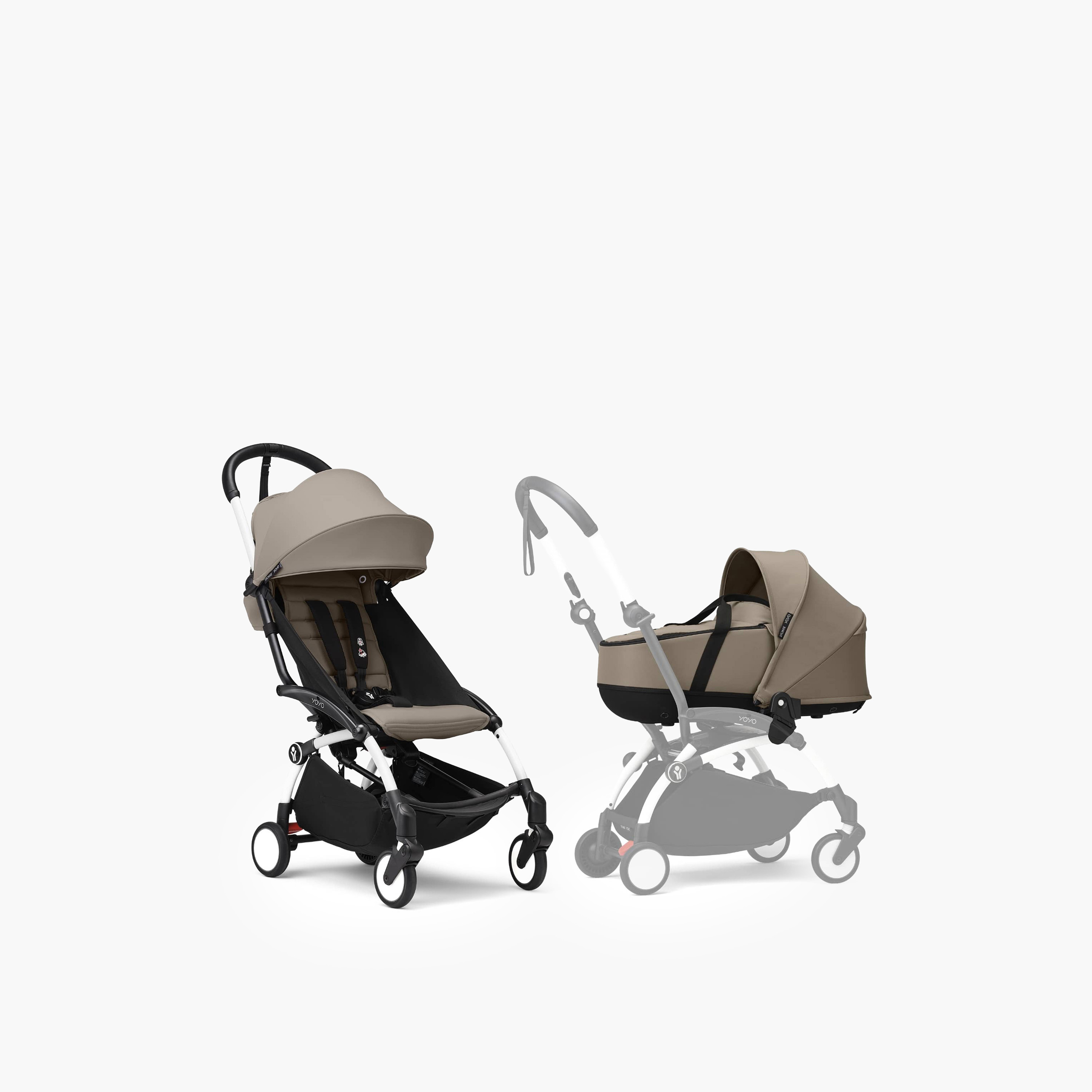 Stokke YOYO3 Stroller with Newborn Pack - White Frame, Newborn Shell & 6+ Color Pack - Taupe-baby-gear-strollersandprams-strollers-image-1
