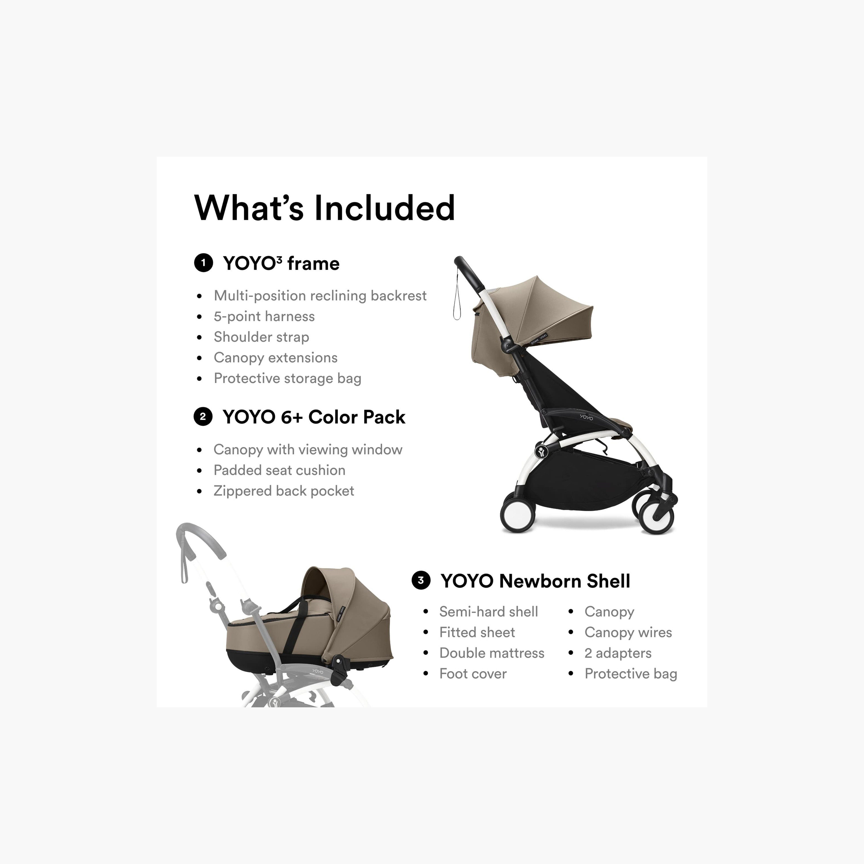 Stokke YOYO3 Stroller with Newborn Pack - White Frame, Newborn Shell & 6+ Color Pack - Taupe-baby-gear-strollersandprams-strollers-image-6