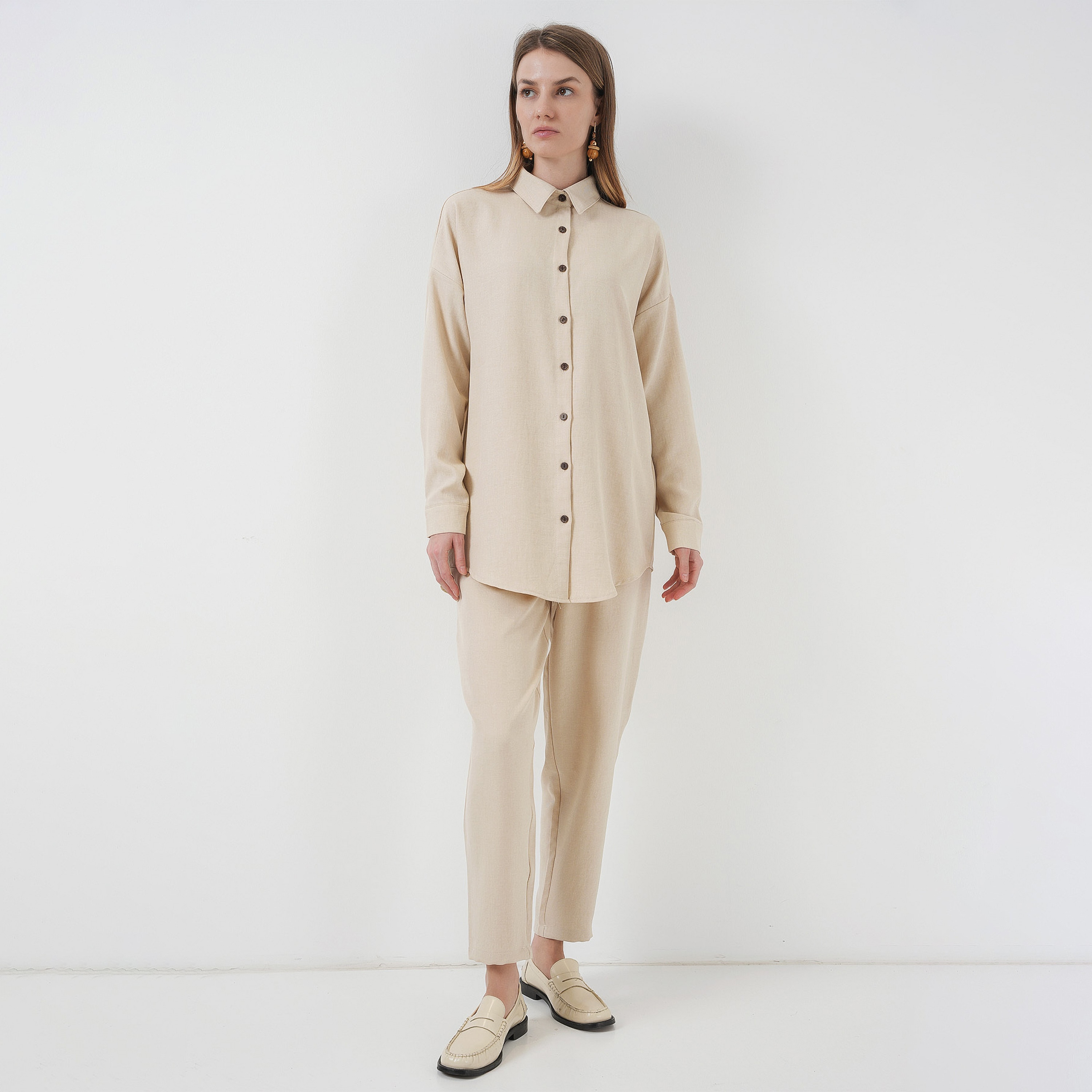 طقم نسائي من الكتان، قميص بأكمام منسدلة وسروال من بيجدارت-women-clothing-coordsets-image-5