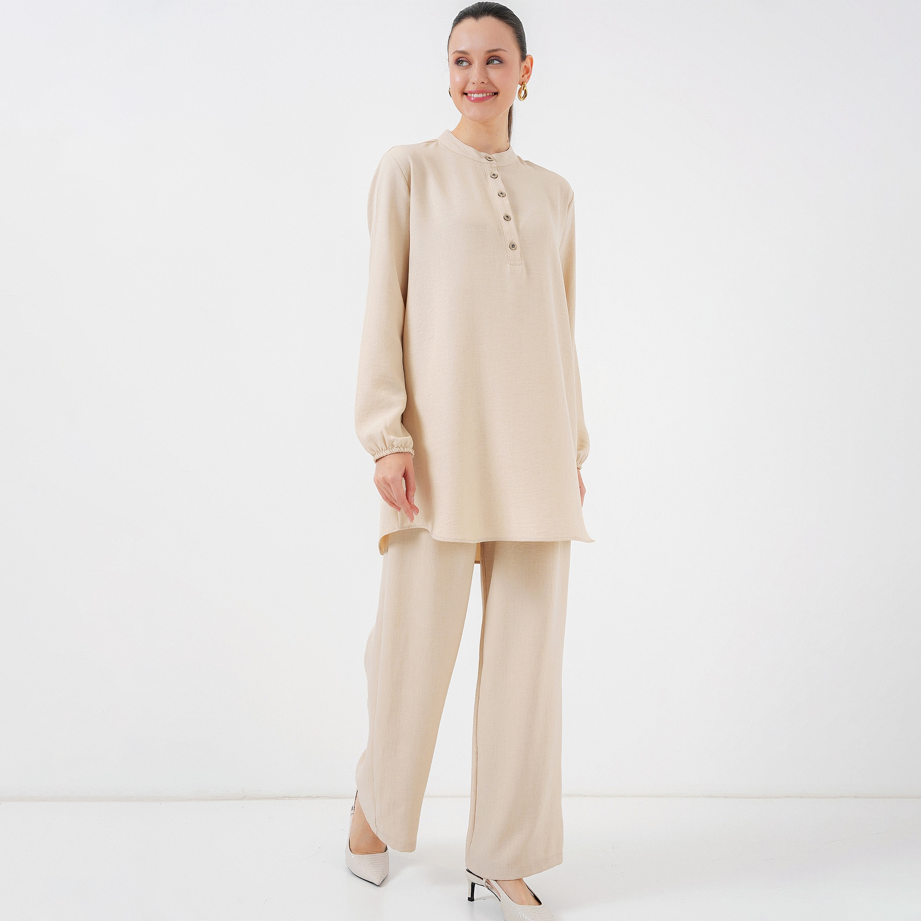 طقم نسائي من الكتان، تونيك بياقة الماندرين وسروال من بيجدارت-women-clothing-coordsets-image-1