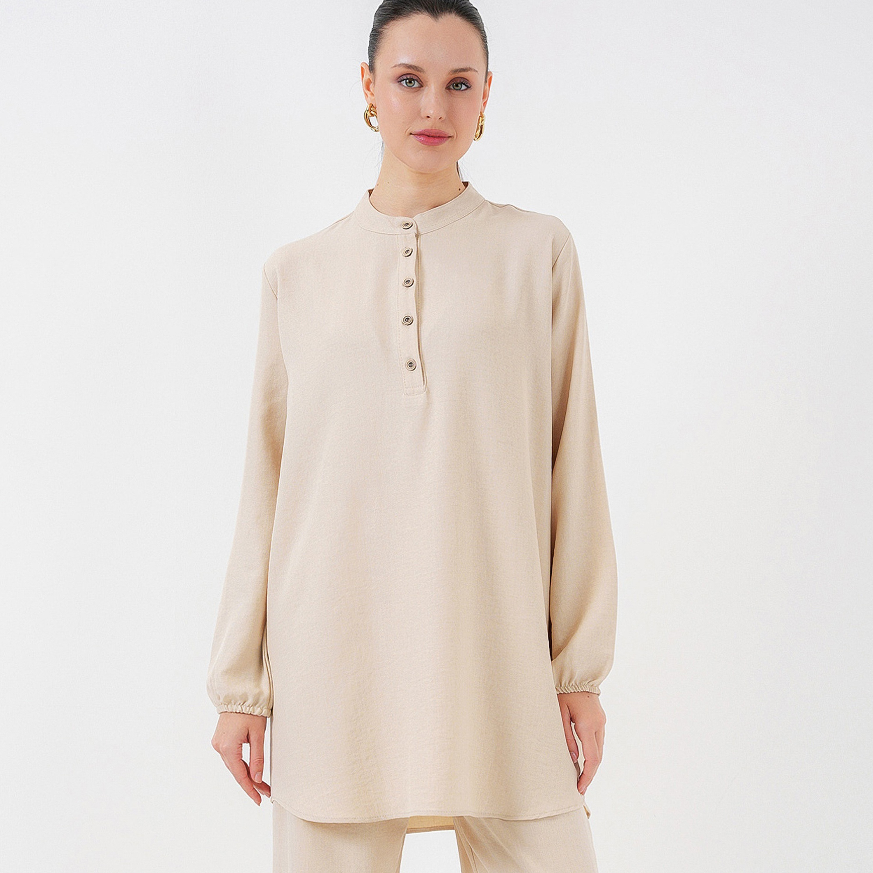 طقم نسائي من الكتان، تونيك بياقة الماندرين وسروال من بيجدارت-women-clothing-coordsets-image-2