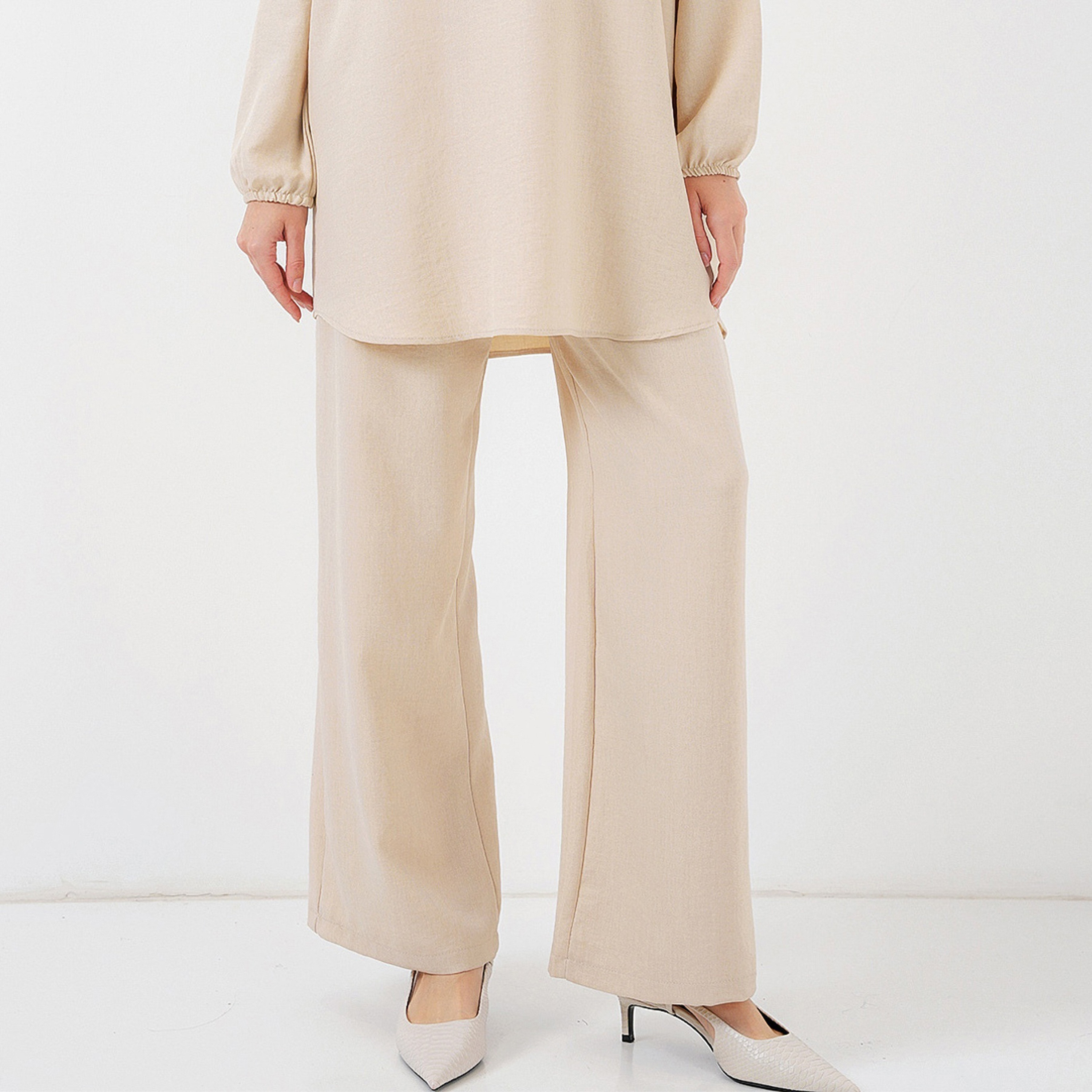 طقم نسائي من الكتان، تونيك بياقة الماندرين وسروال من بيجدارت-women-clothing-coordsets-image-3