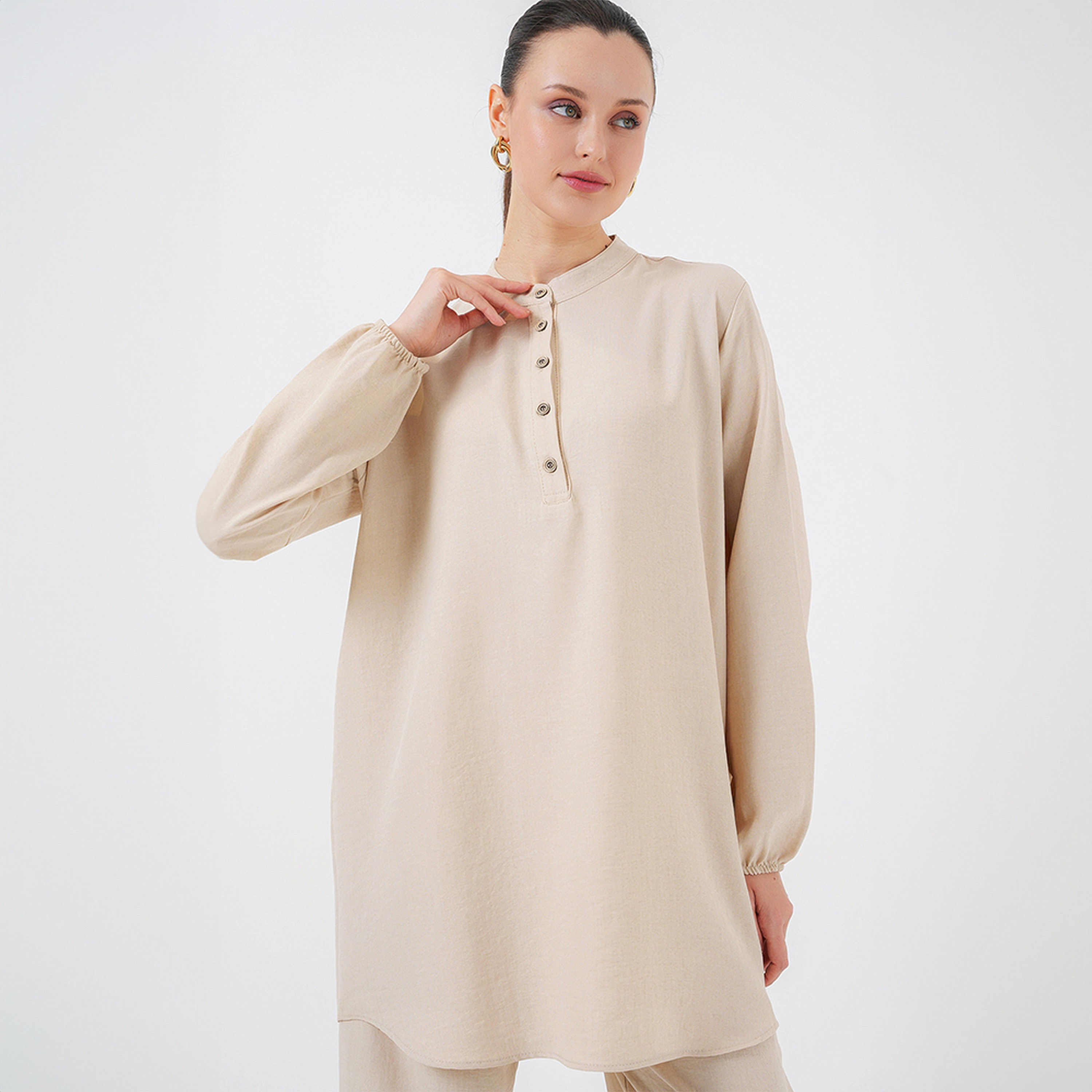 طقم نسائي من الكتان، تونيك بياقة الماندرين وسروال من بيجدارت-women-clothing-coordsets-image-5
