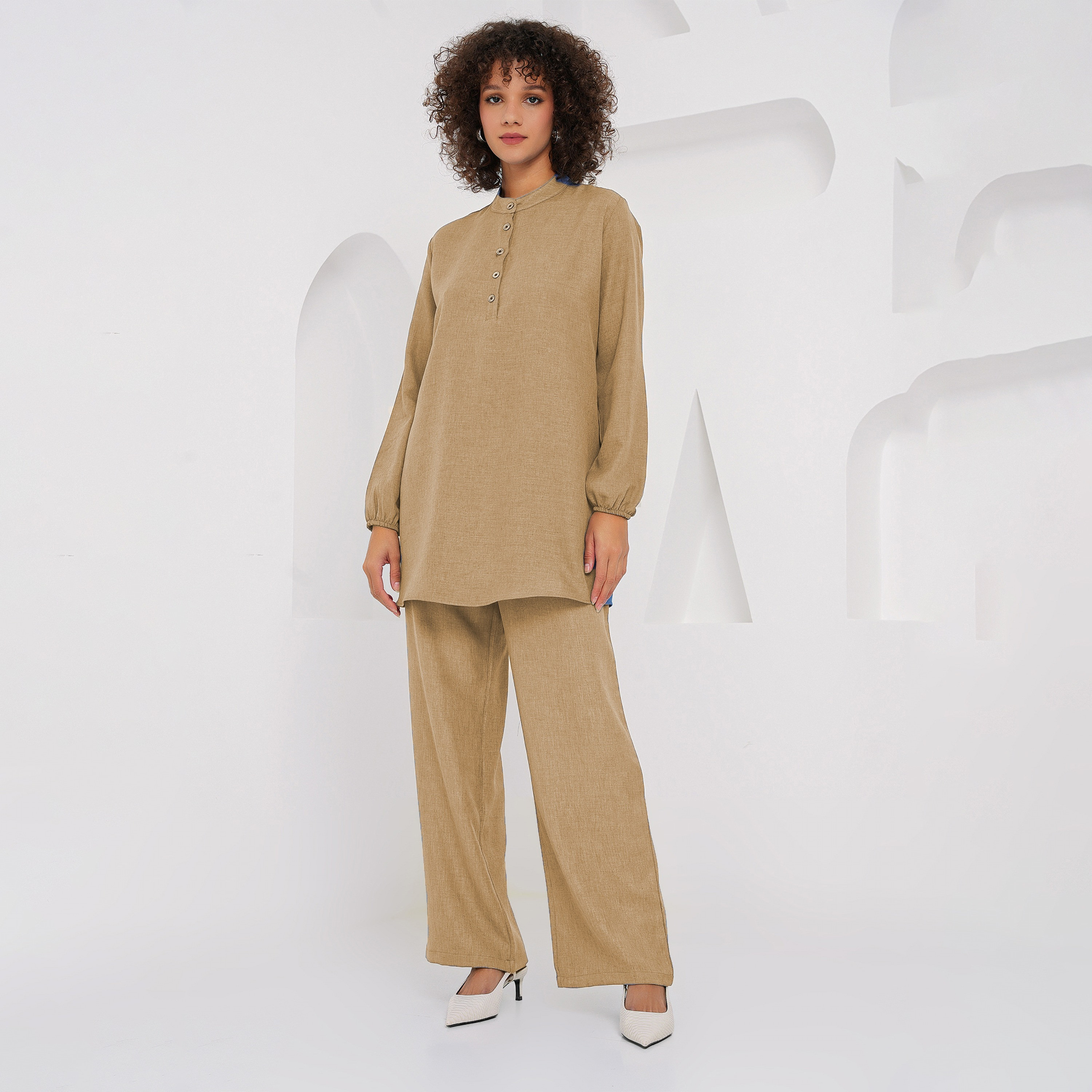 طقم نسائي من الكتان، تونيك بياقة الماندرين وسروال من بيجدارت-women-clothing-coordsets-image-7