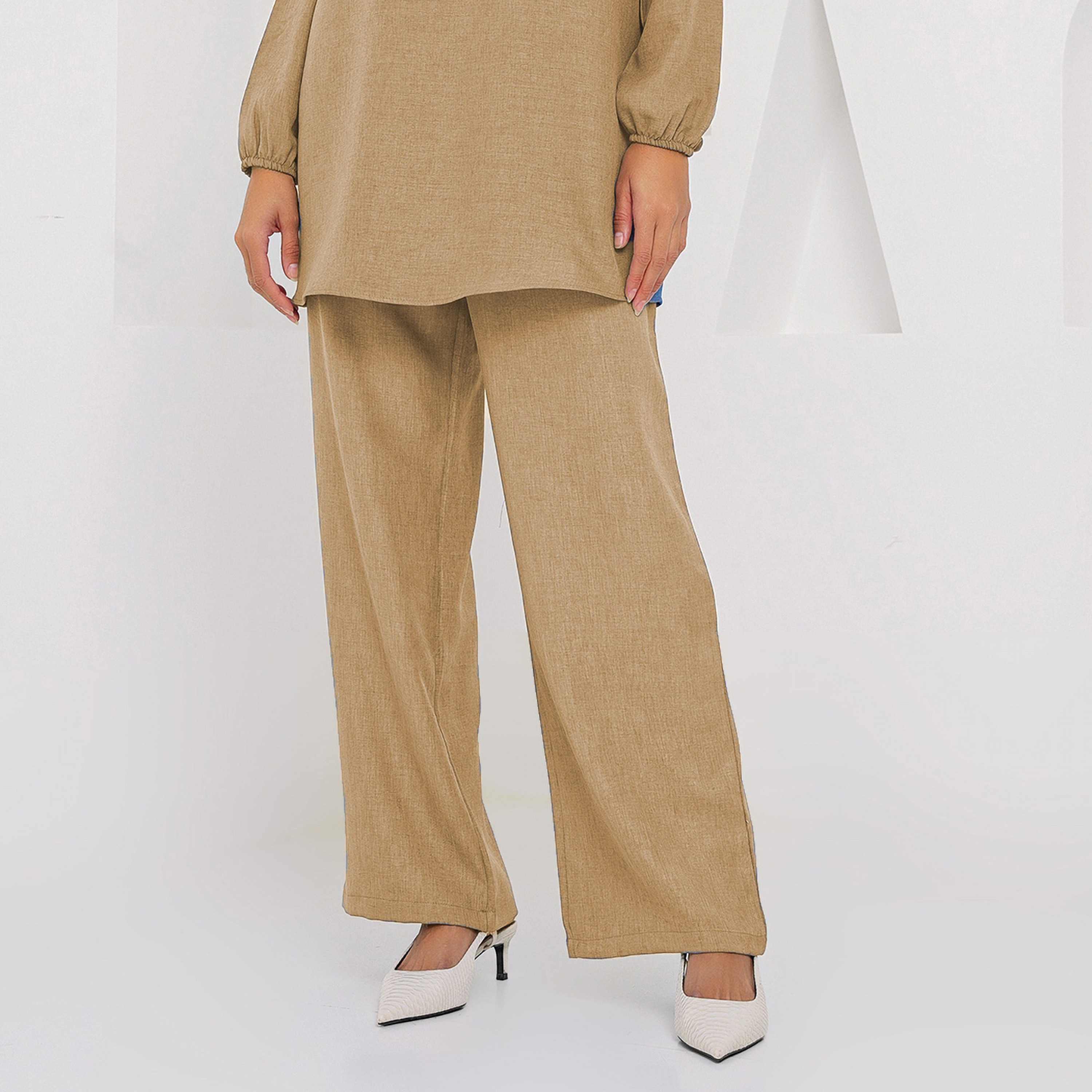 طقم نسائي من الكتان، تونيك بياقة الماندرين وسروال من بيجدارت-women-clothing-coordsets-image-9