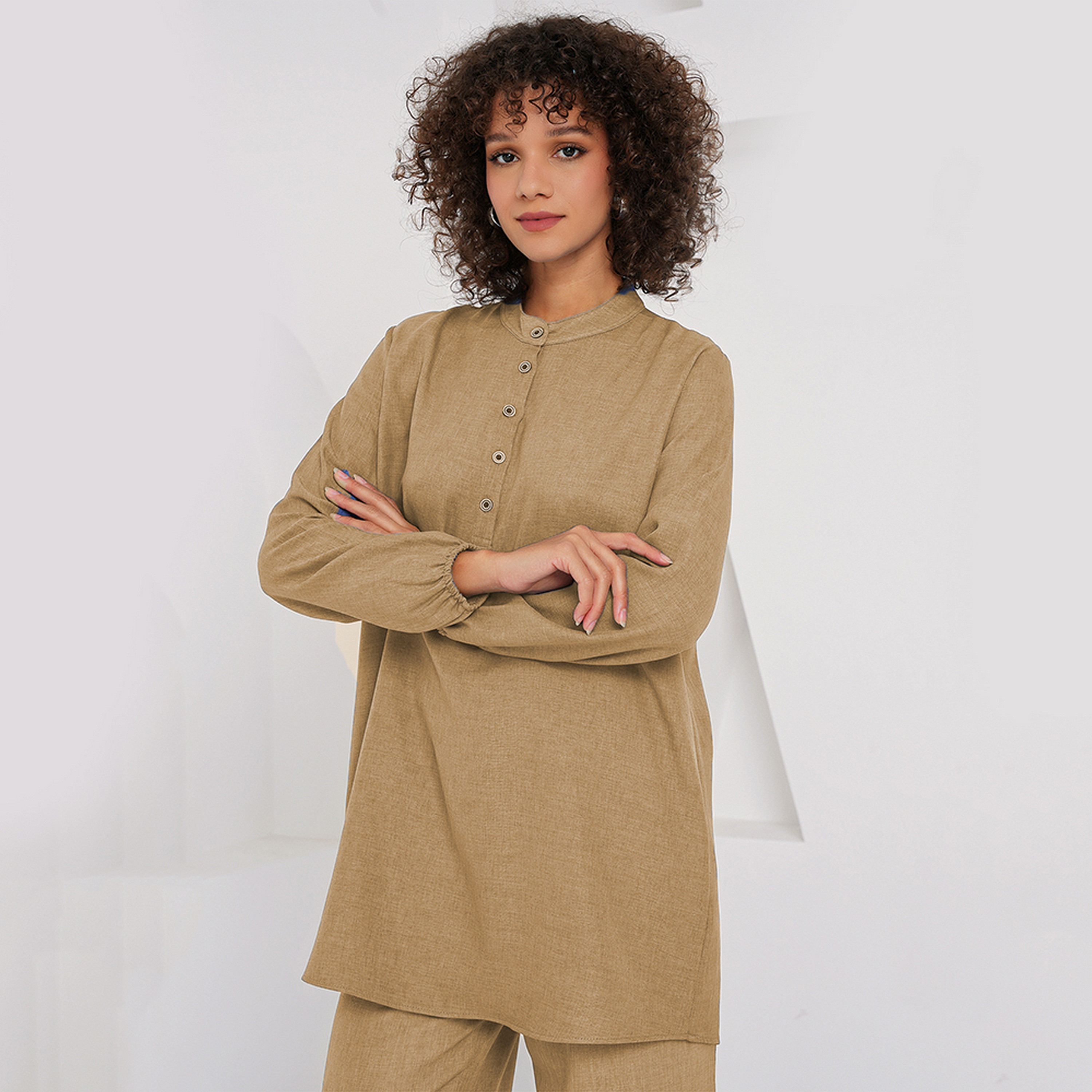 طقم نسائي من الكتان، تونيك بياقة الماندرين وسروال من بيجدارت-women-clothing-coordsets-image-11