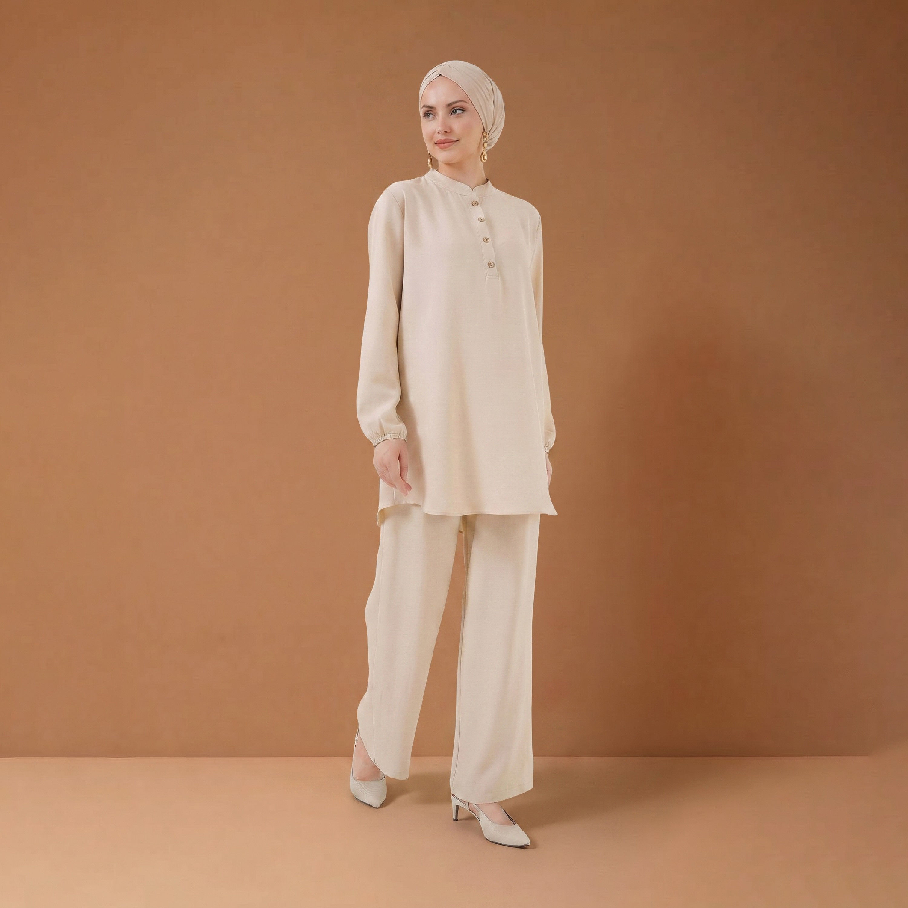طقم نسائي بقميص تونيك بياقة شريطية وبنطلون من بيجدارت-women-clothing-coordsets-image-7