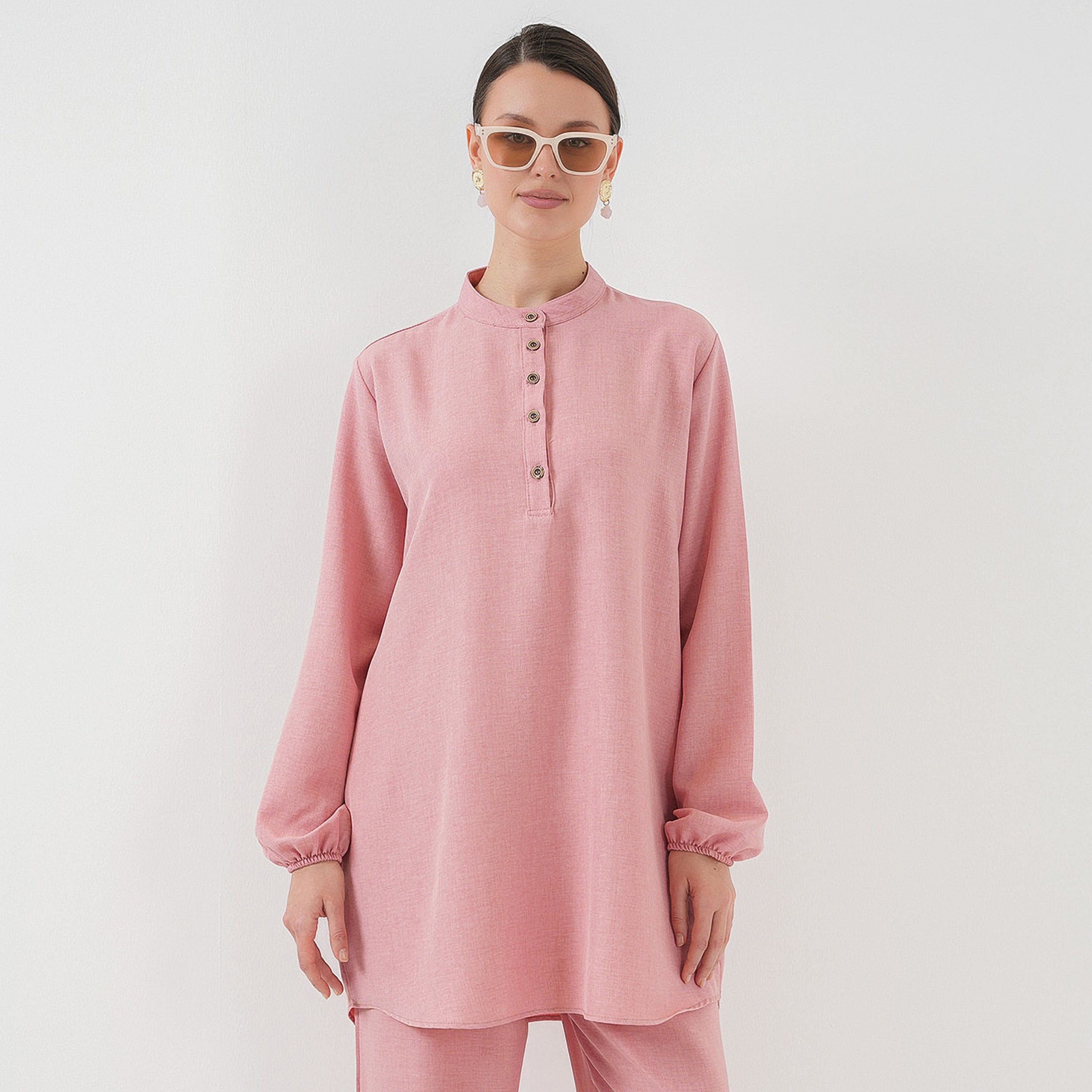 طقم نسائي من الكتان، تونيك بياقة الماندرين وسروال من بيجدارت-women-clothing-coordsets-image-20