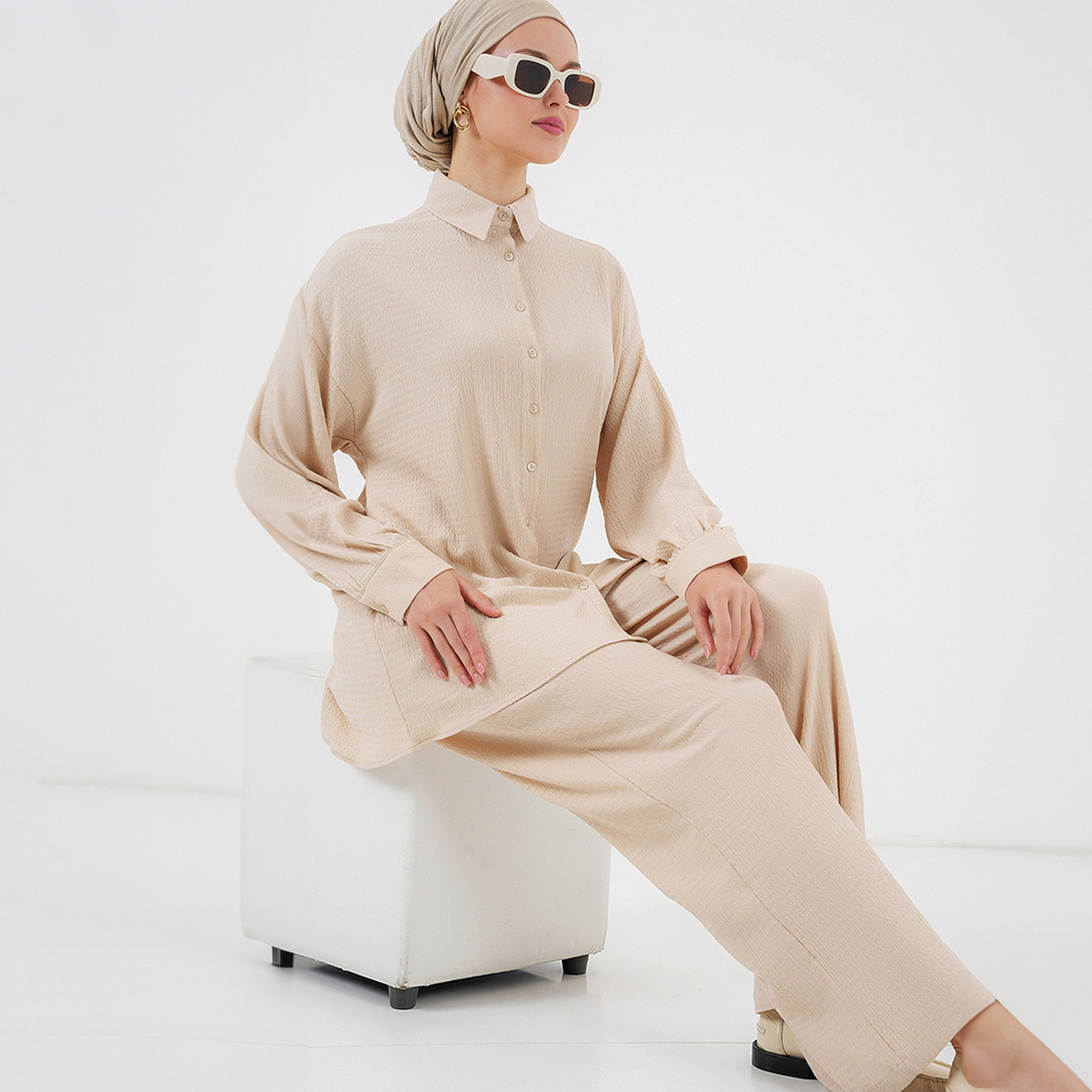 طقم نسائي بنسيج مزخرف، تونيك بأكمام منسدلة وسروال من بيجدارت-women-clothing-coordsets-image-8