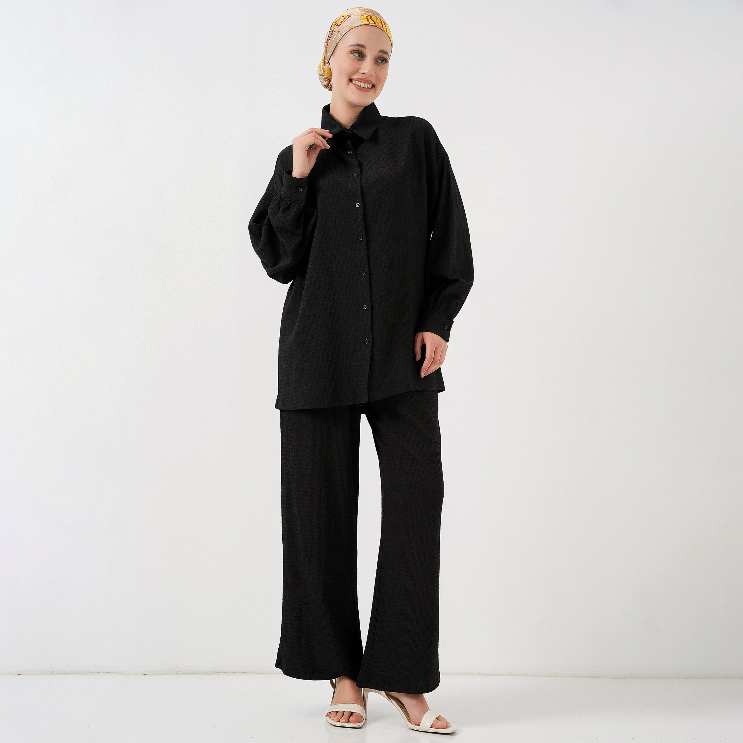 طقم نسائي بنسيج مزخرف، تونيك بأكمام منسدلة وسروال من بيجدارت-women-clothing-coordsets-image-13