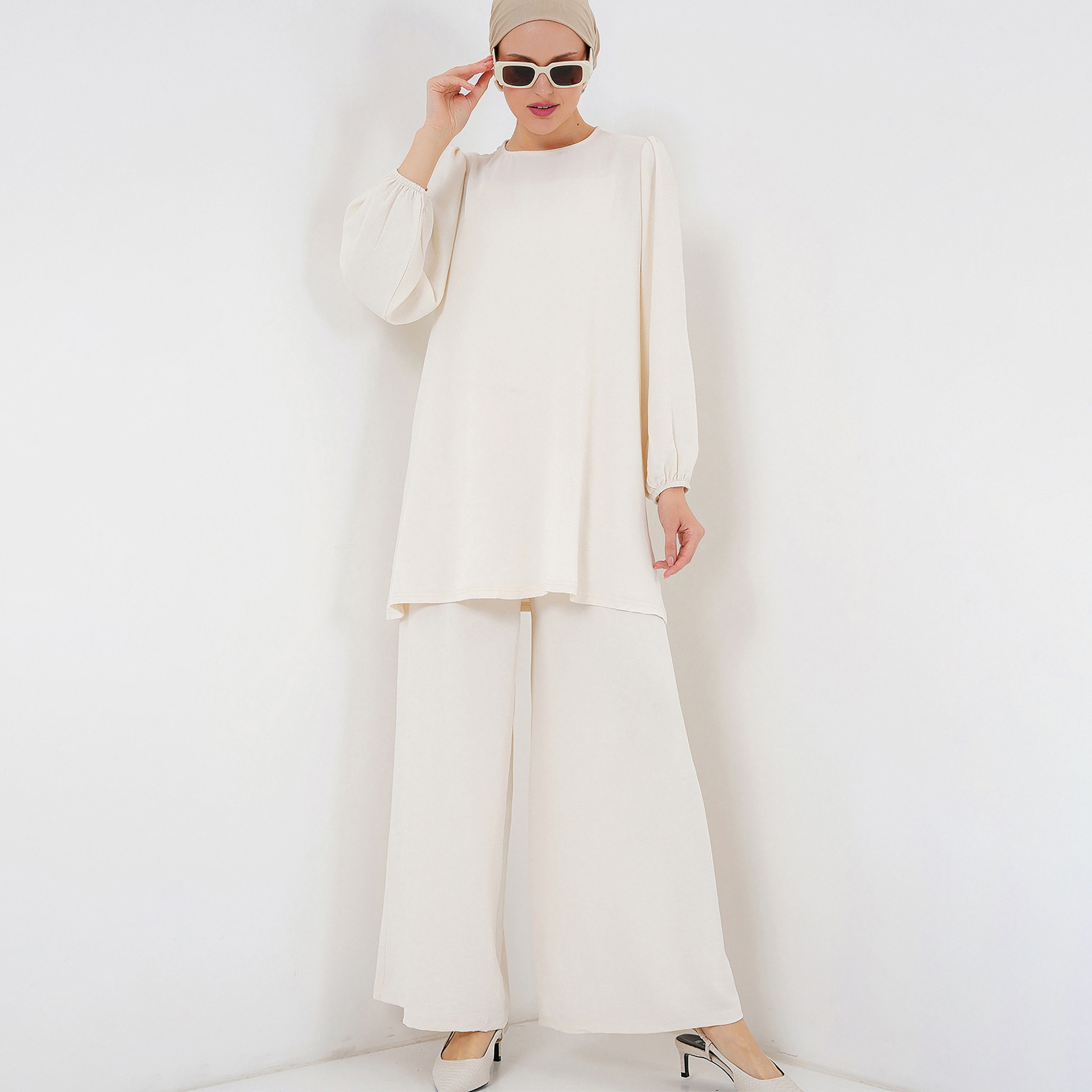 طقم نسائي بقميص تونيك بأكمام بالون منسوجة وبنطلون مع حجاب من بيجدارت-women-clothing-coordsets-image-32