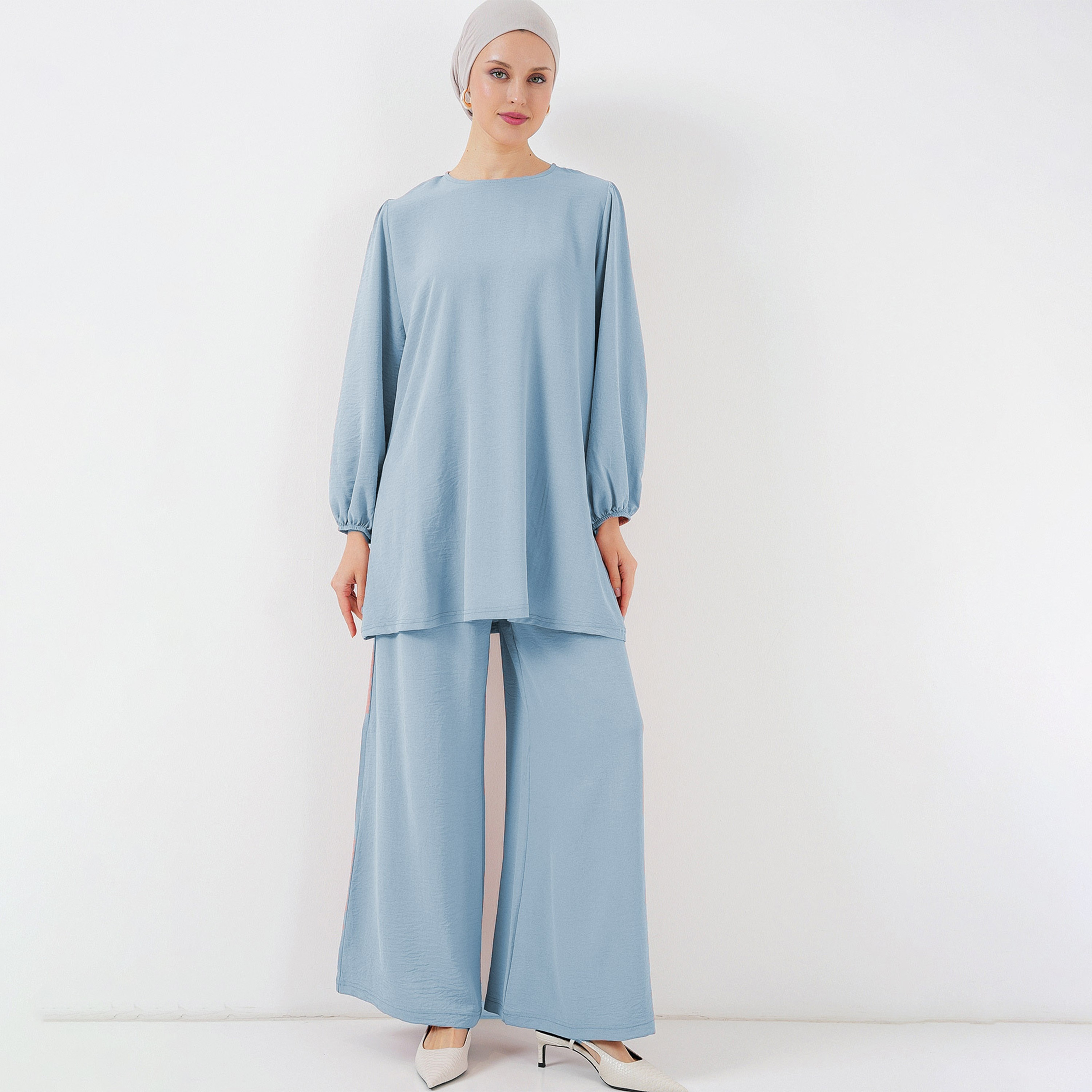 طقم نسائي بقميص تونيك بأكمام بالون منسوجة وبنطلون مع حجاب من بيجدارت-women-clothing-coordsets-image-22
