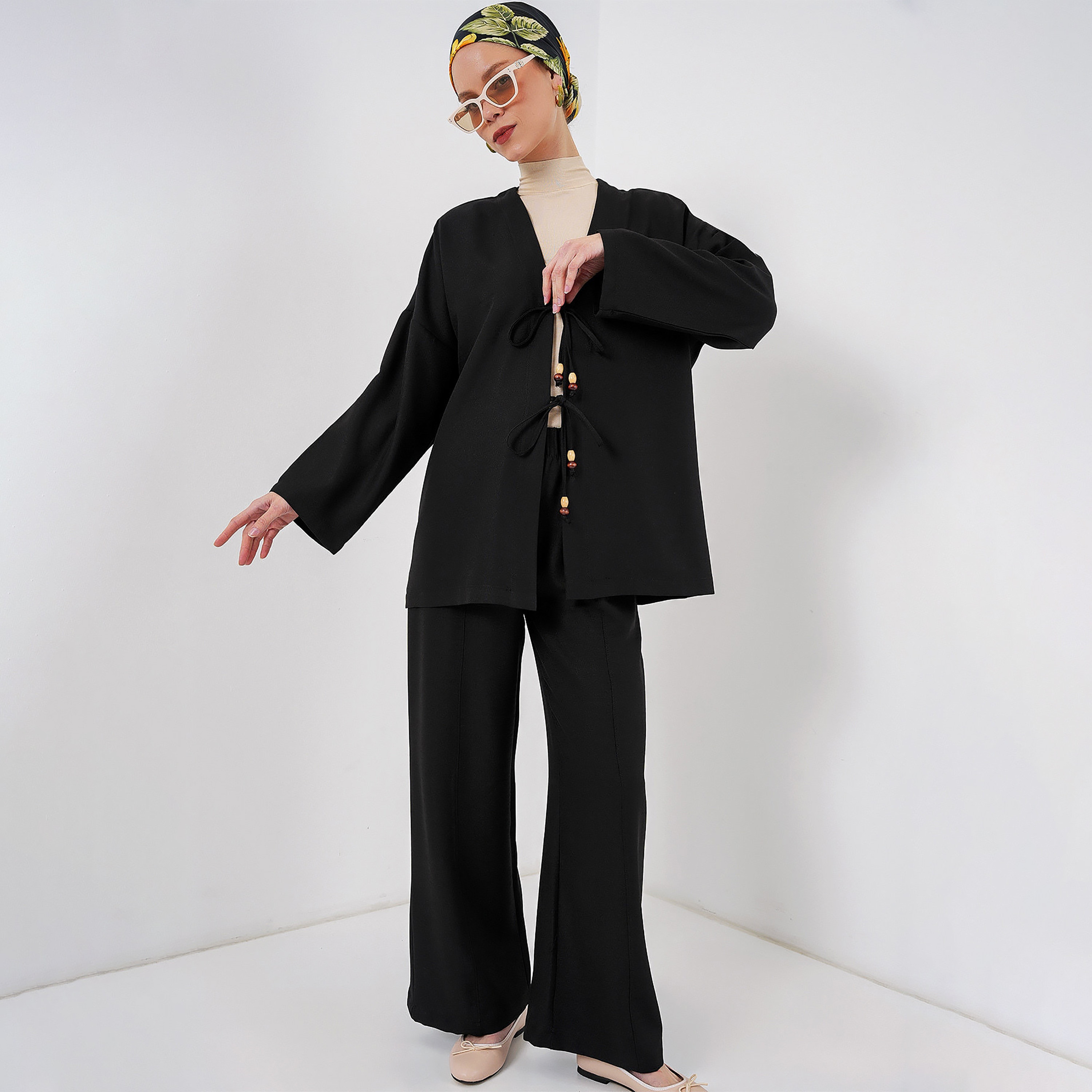 Bigdart Black Linen Drop Shoulder Sleeves Straight Leg Women's Top & Trousers Set-women-clothing-coordsets-image-1