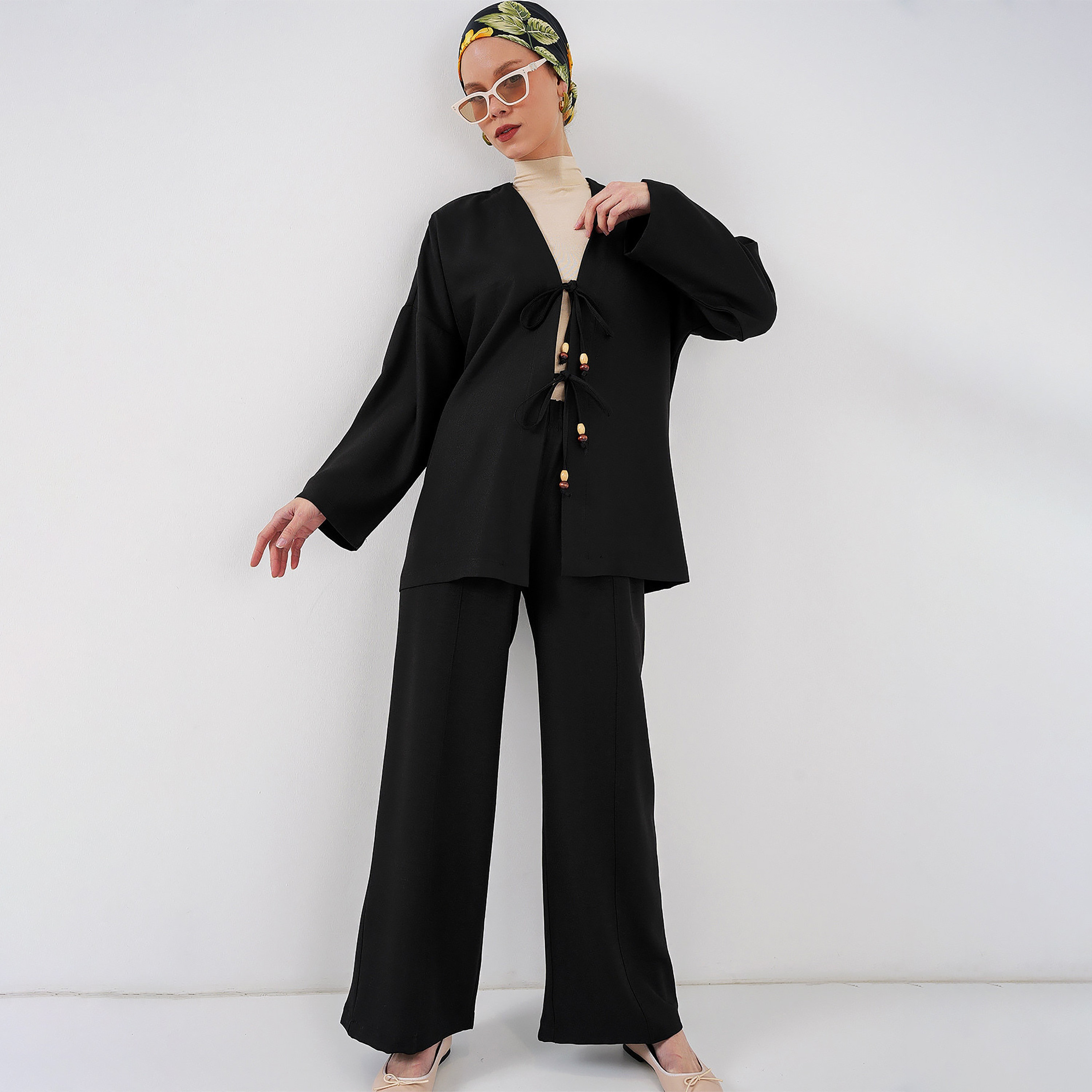 Bigdart Black Linen Drop Shoulder Sleeves Straight Leg Women's Top & Trousers Set-women-clothing-coordsets-image-4