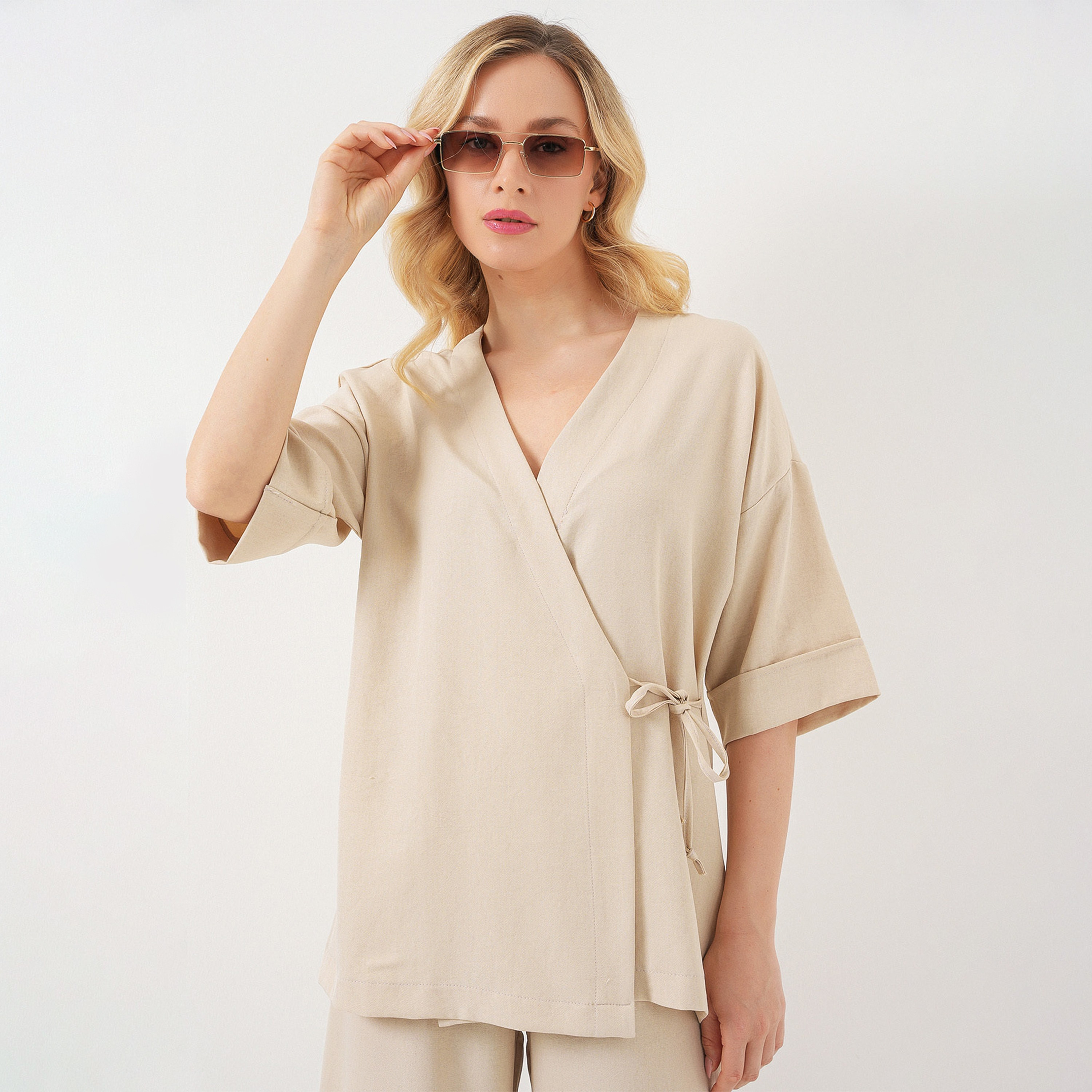 Bigdart Beige Drop Shoulder Sleeves Straight Leg Women's Top & Trousers Set-women-clothing-coordsets-image-3